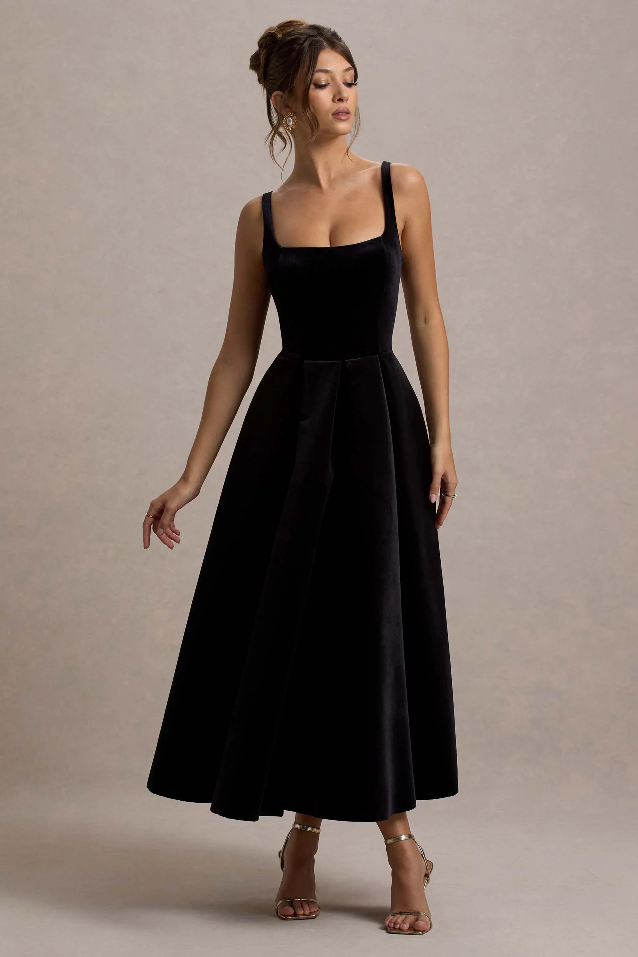 Francisca Black Velvet Strappy Volume Hem Midi Dress