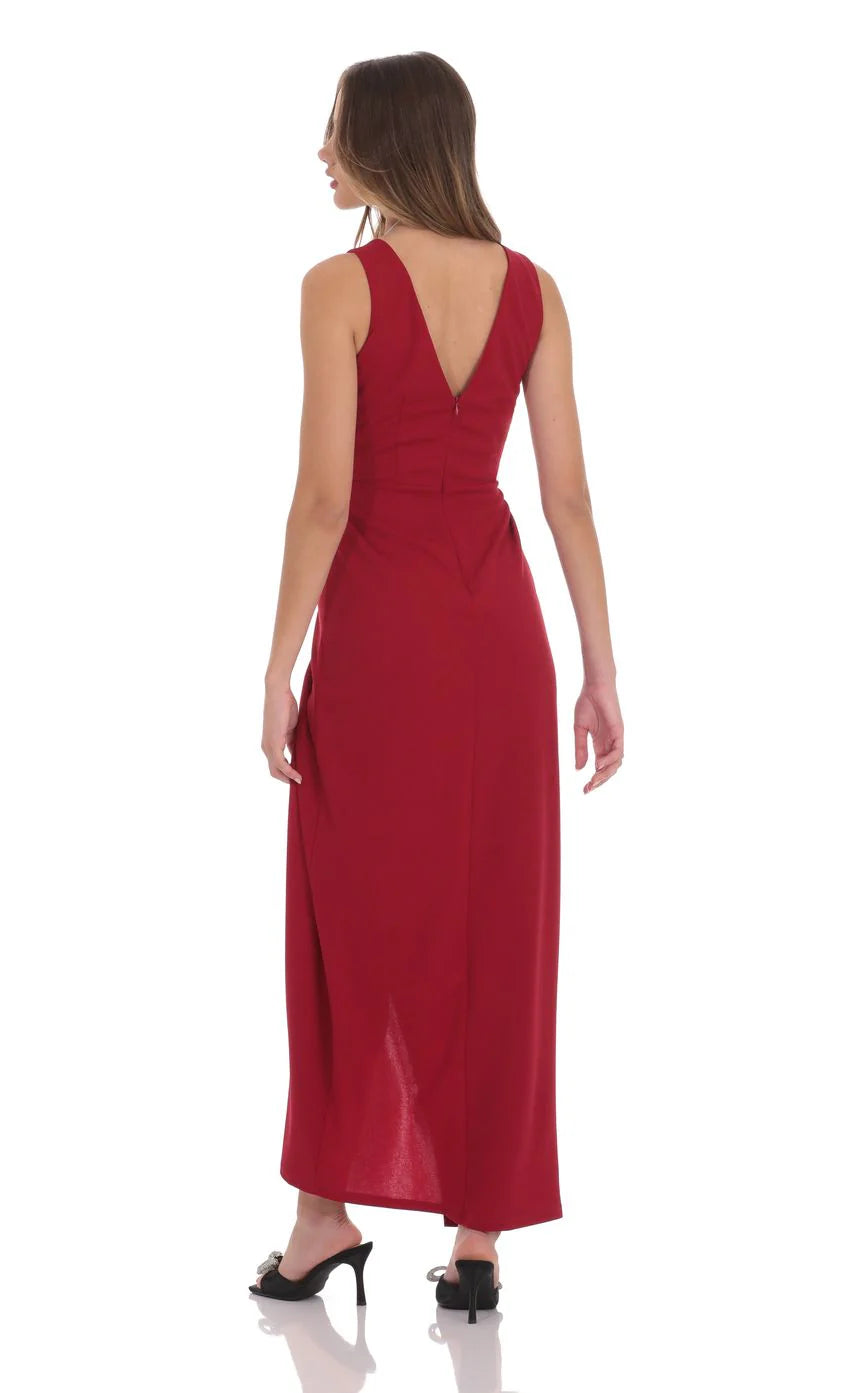 V Neck Slit Maxi Dress in Red