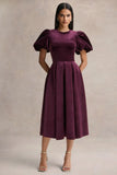 Seraphic Burgundy Velvet Puff Sleeve Midi Dress