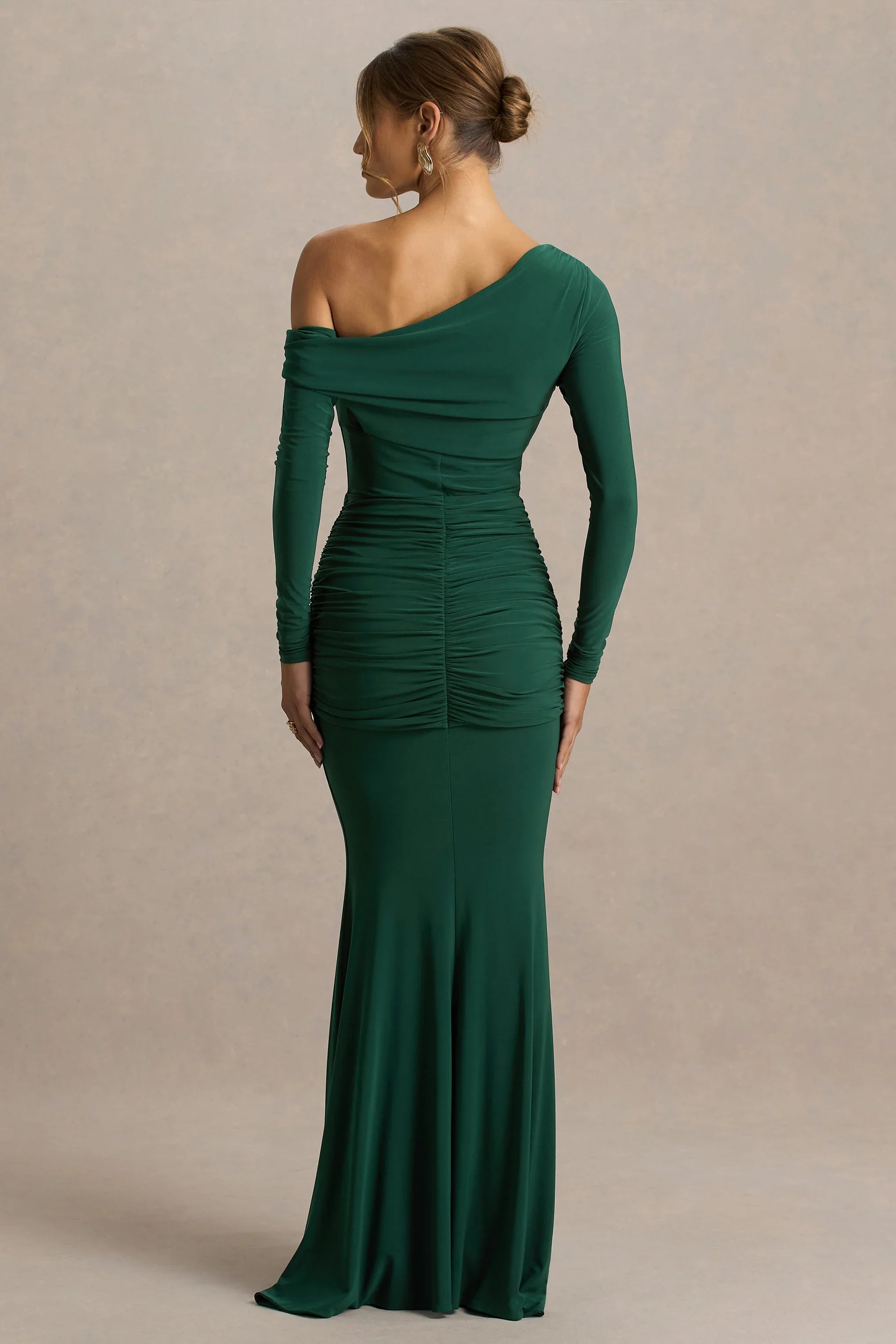 Clover Dark Green Asymmetric Neck Wrapped Maxi Dress With Sash