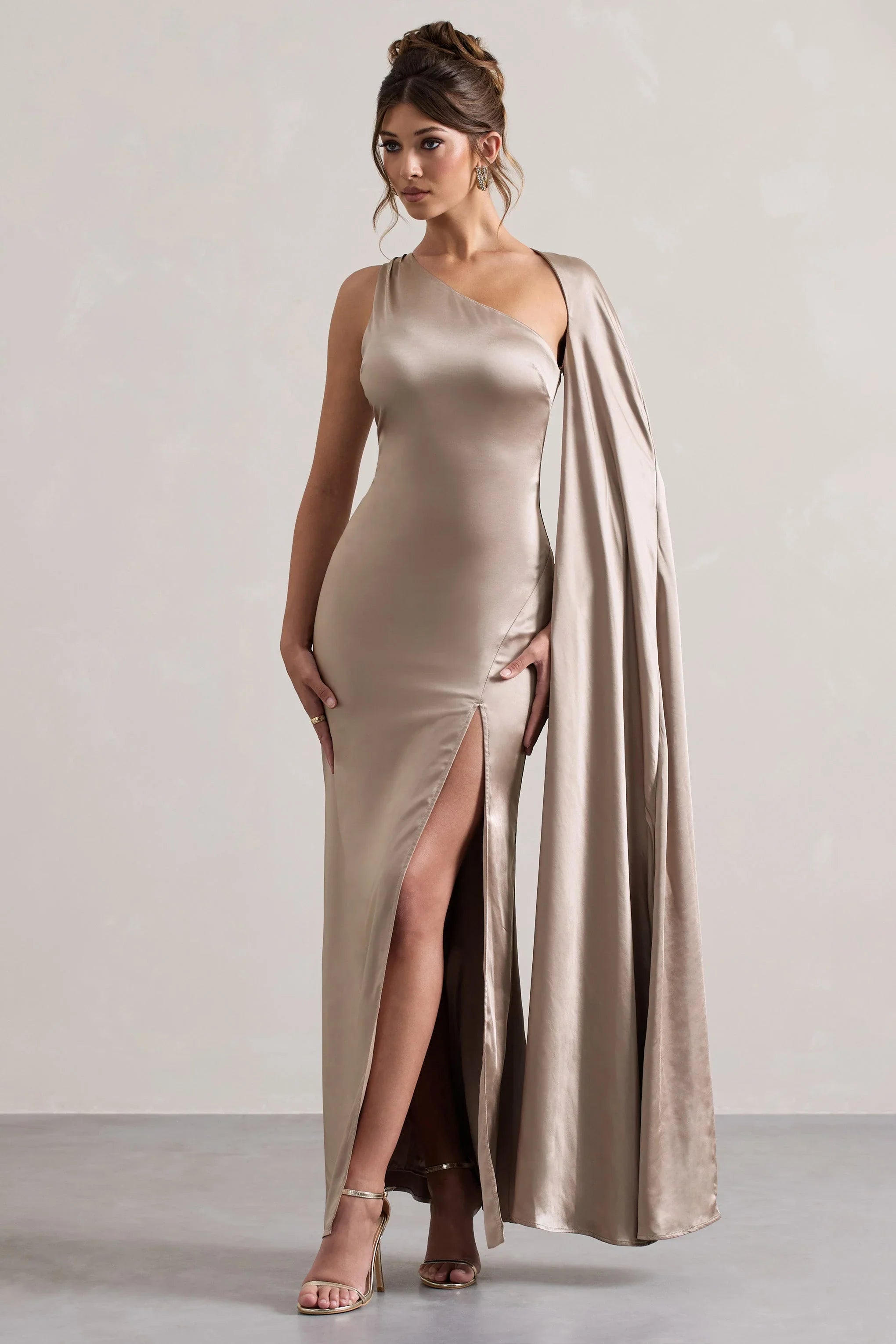 Gala Taupe Satin One Shoulder Cape Sleeve Split Maxi Dress