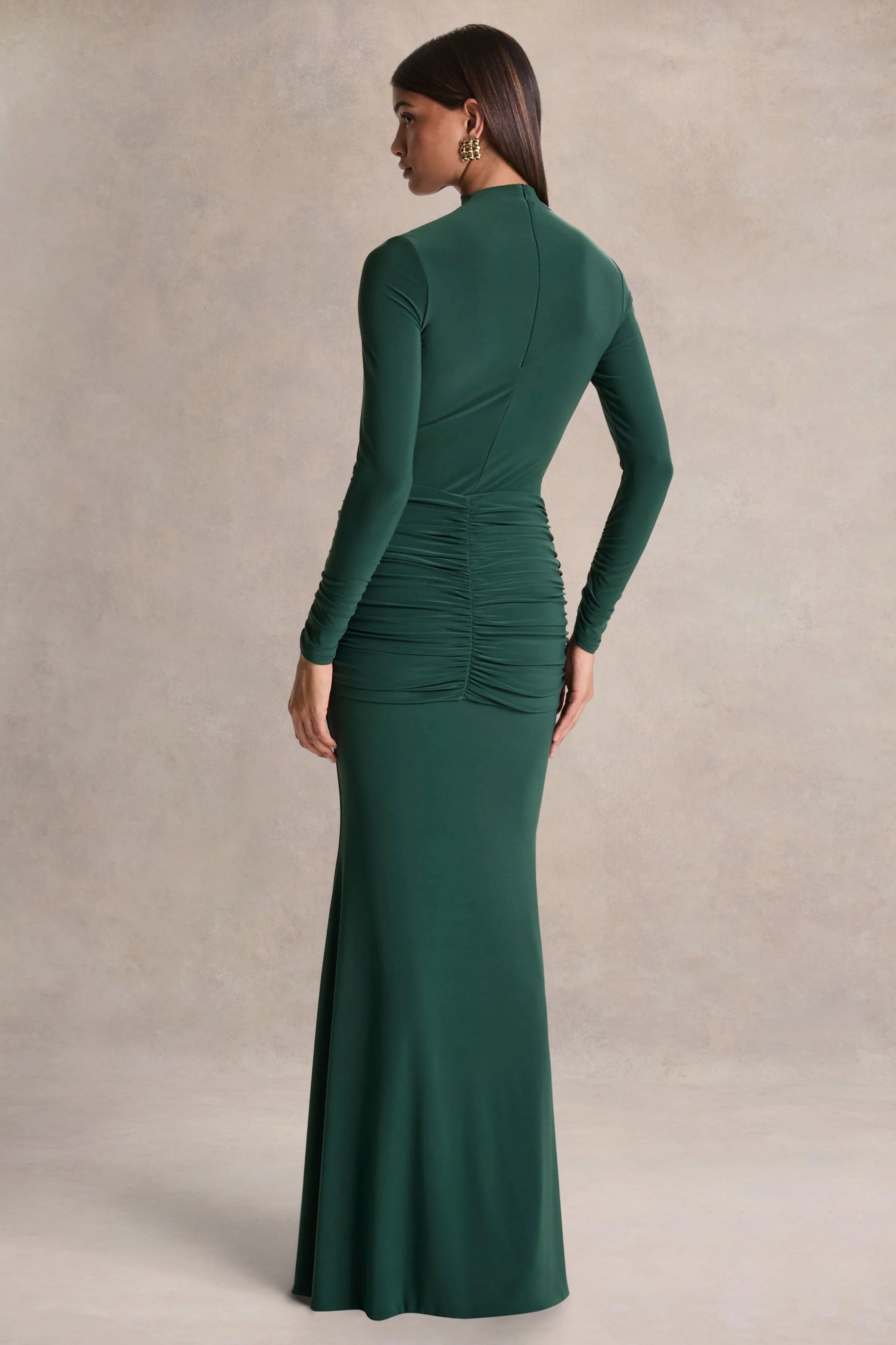Solarium Dark Green Long Sleeve Maxi Dress With Gold Detail