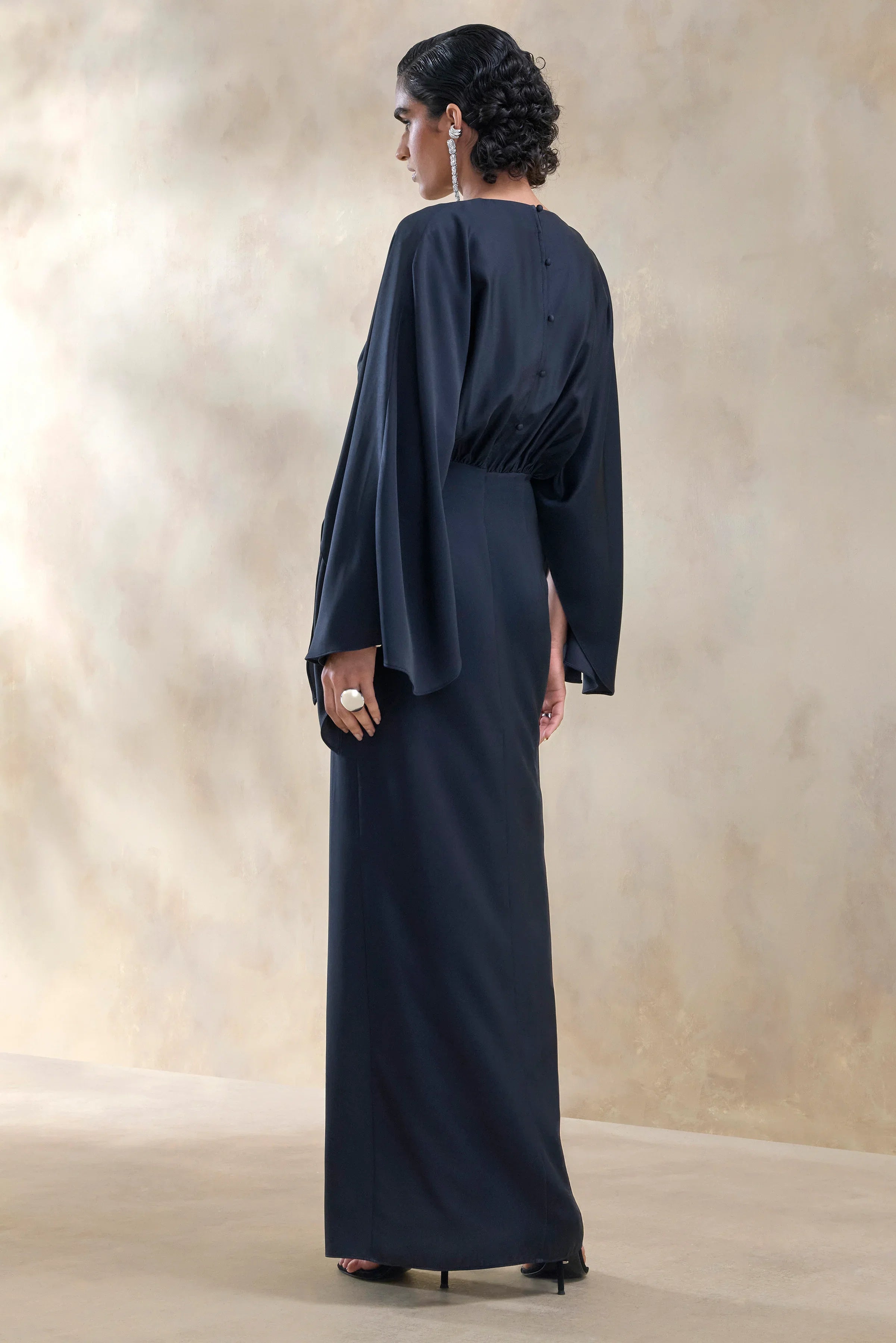 Delphina Navy Satin Maxi Dress With Gathered And Knot Detail