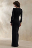 Desirelle Black Crew Neck Maxi Dress With Gathered Detailing