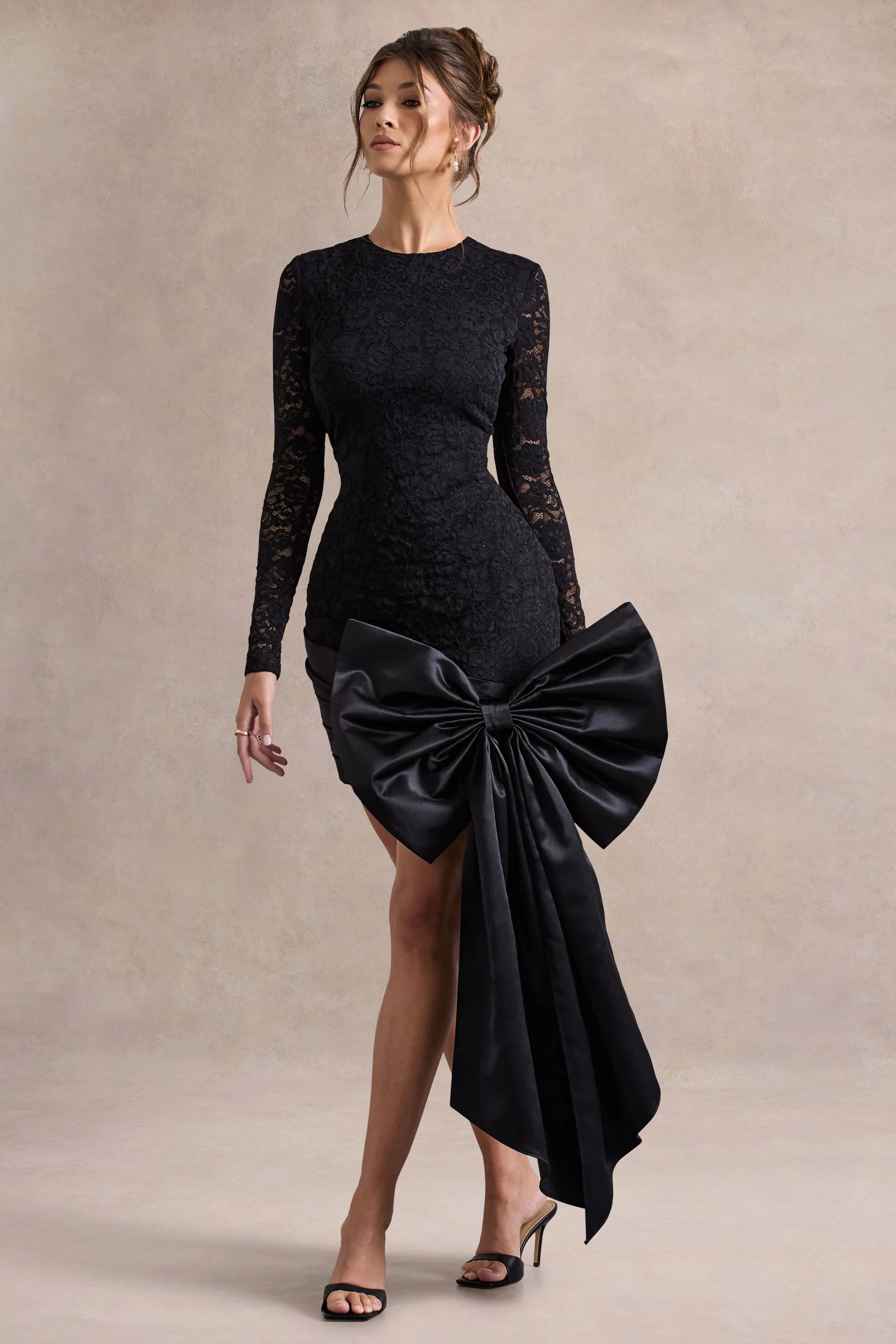 Evry Black Lace Long Sleeve Mini Dress With Oversized Satin Bow