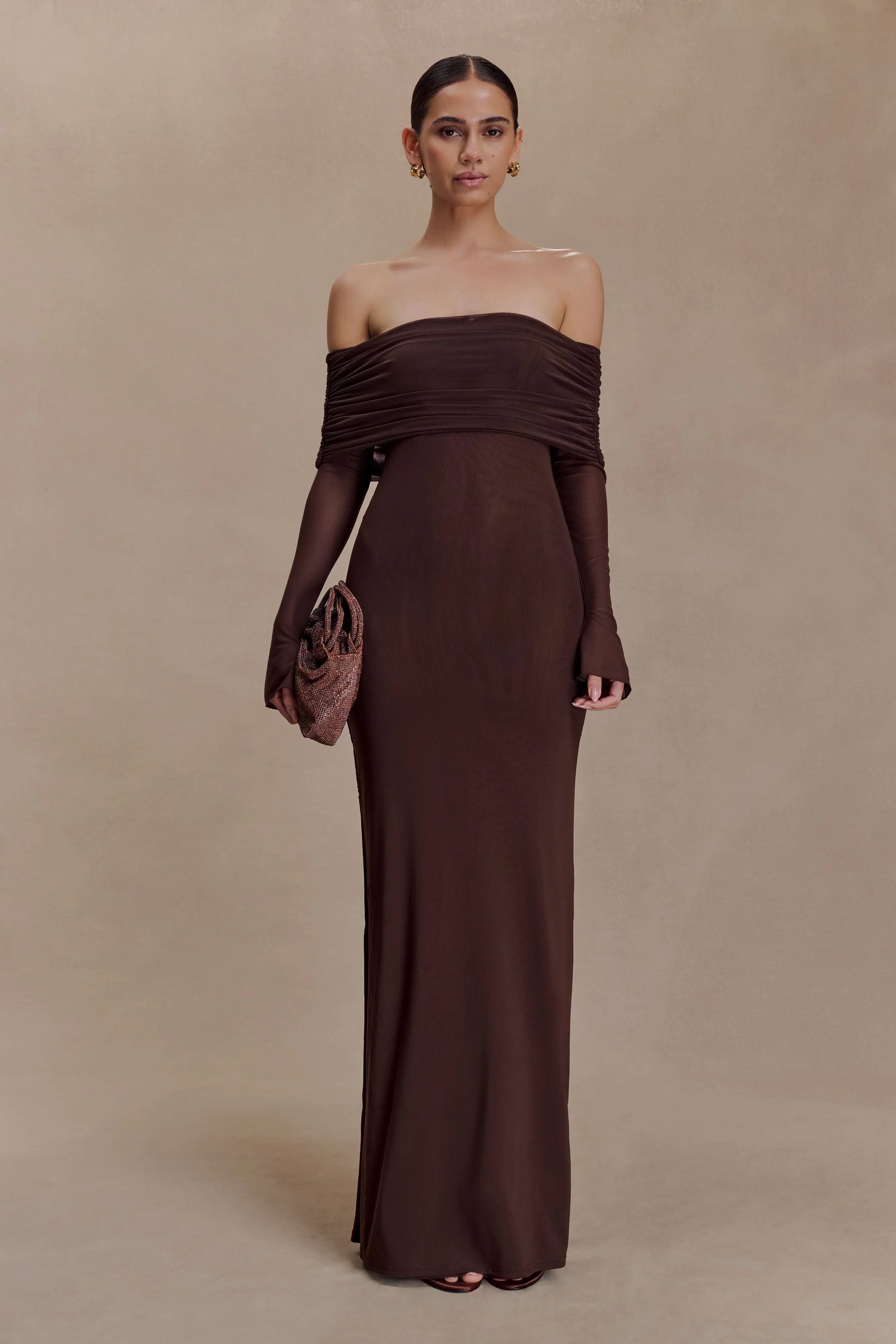 Josie Off Shoulder Mesh Maxi Dress Dark Brown