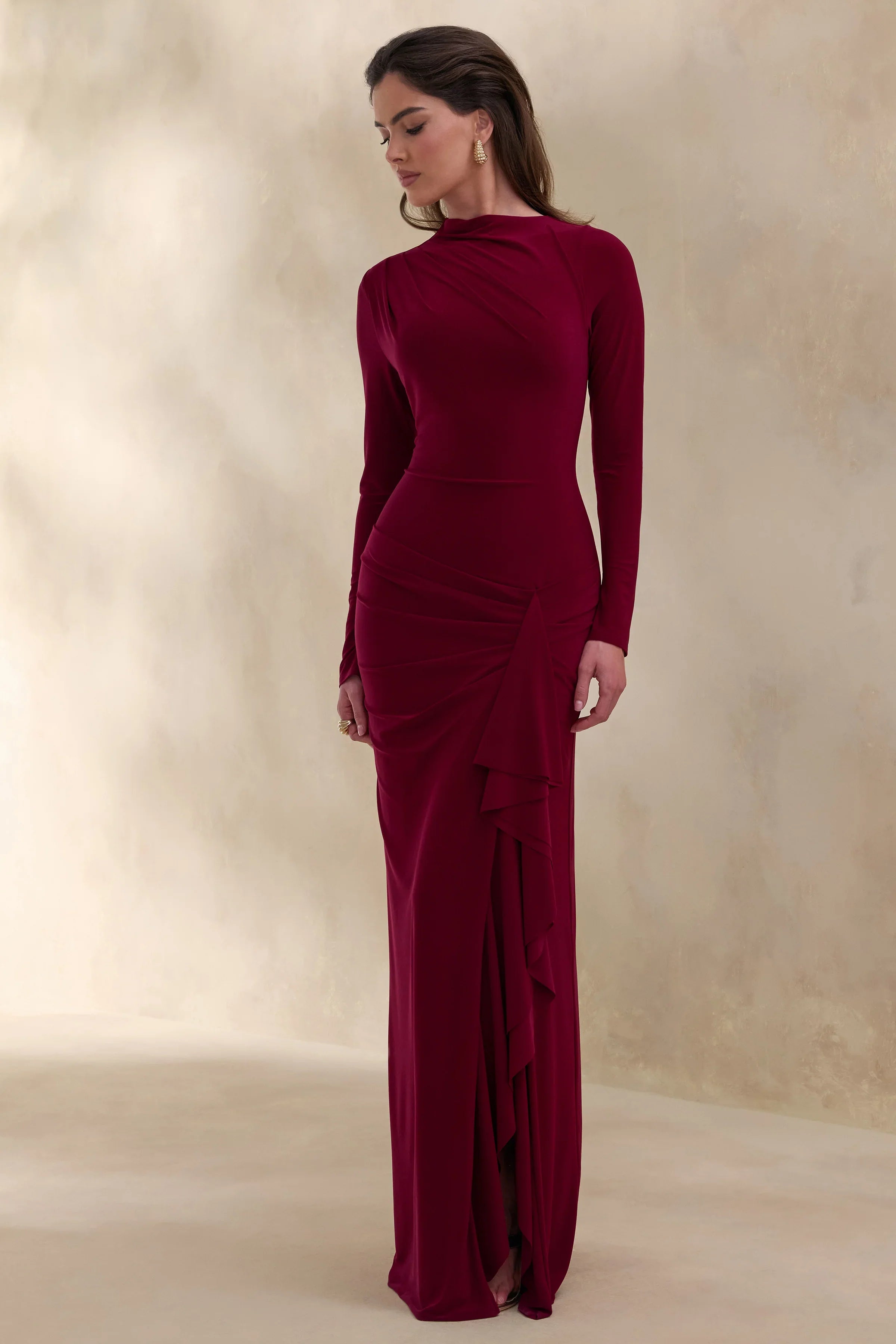 Karessa Berry High Neck Maxi Dress With Gathered Detailing And Front High Split