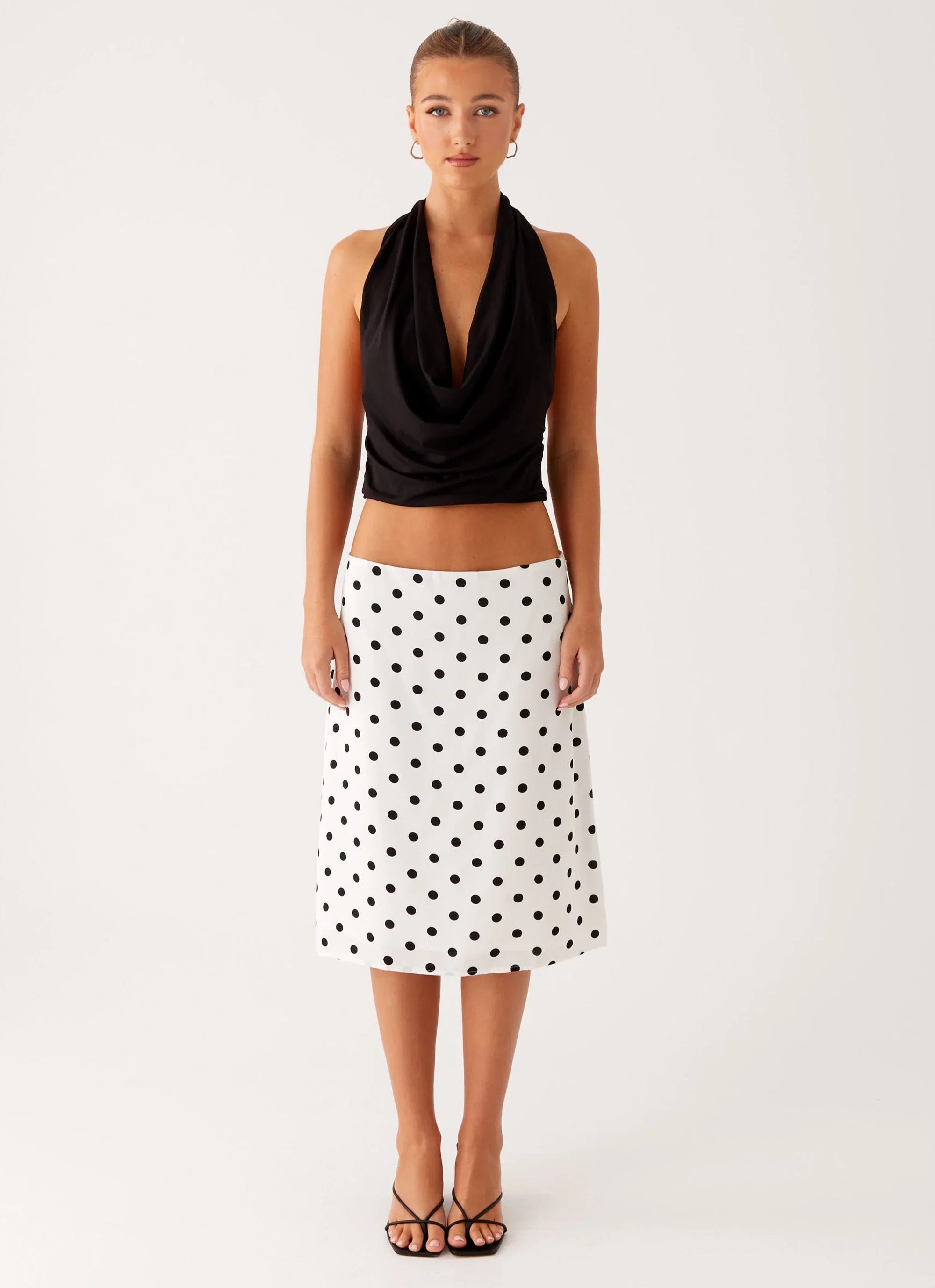 Evoke Chiffon Midi Skirt White Polka Dot