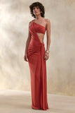 Clarosia Rust Asymmetric Neck Maxi Dress With Cut Out With Sash