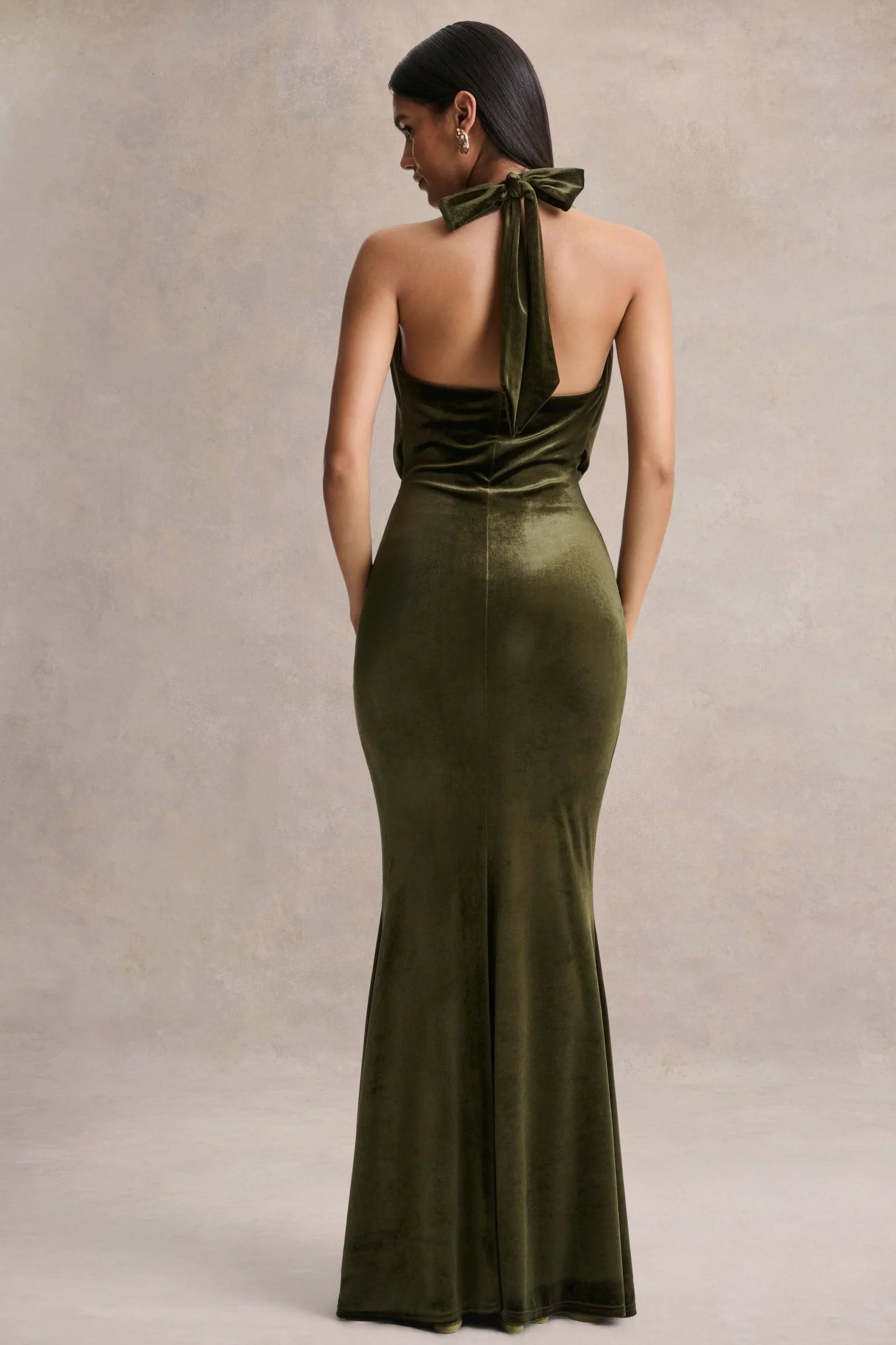 Lavernia Olive Velvet Halter Neck Maxi Dress With Gathered Detailing