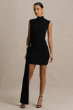 Sorenna Black High Neck Mini Dress With Wrap And Sash Detail