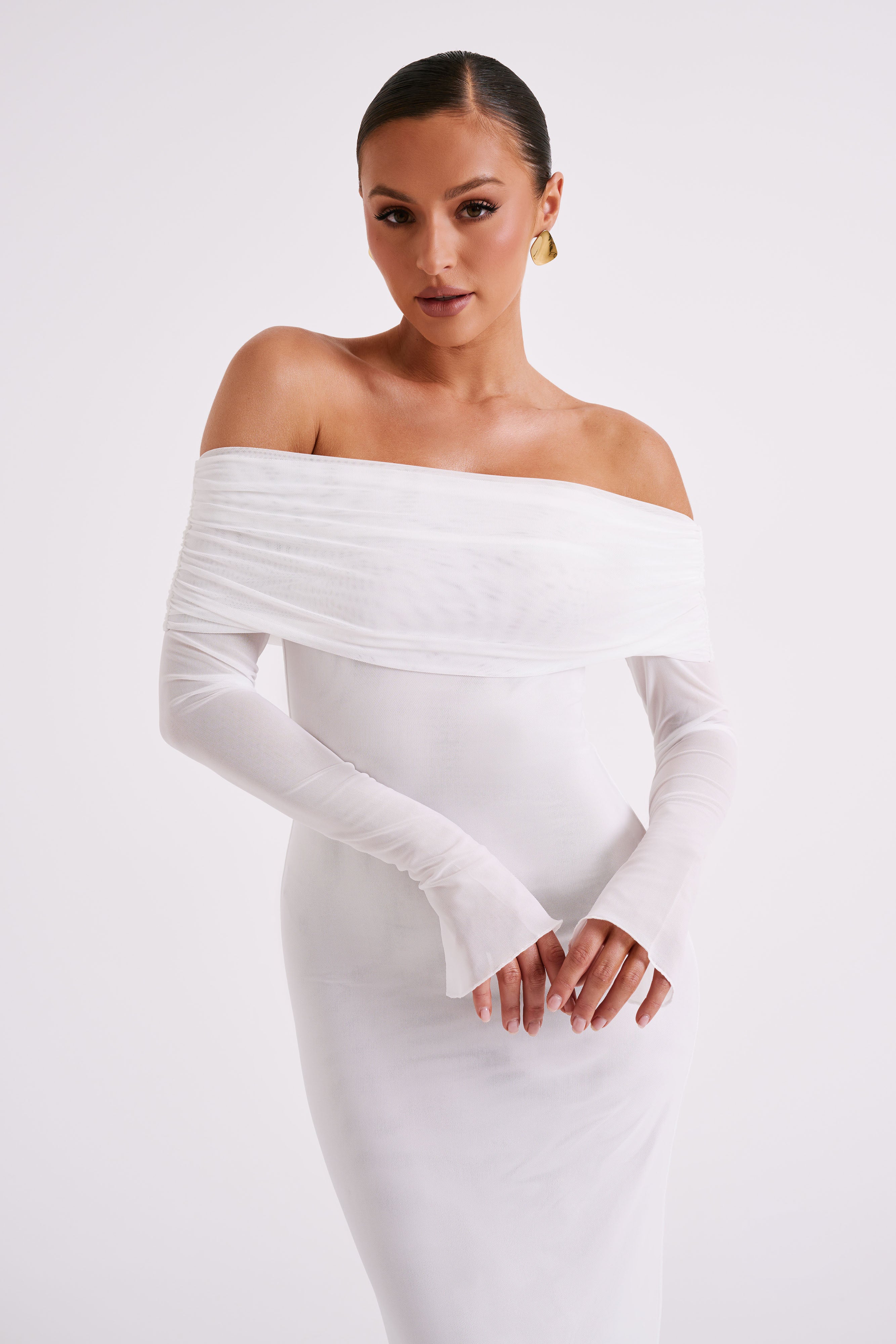 Josie Off Shoulder Mesh Maxi Dress Ivory