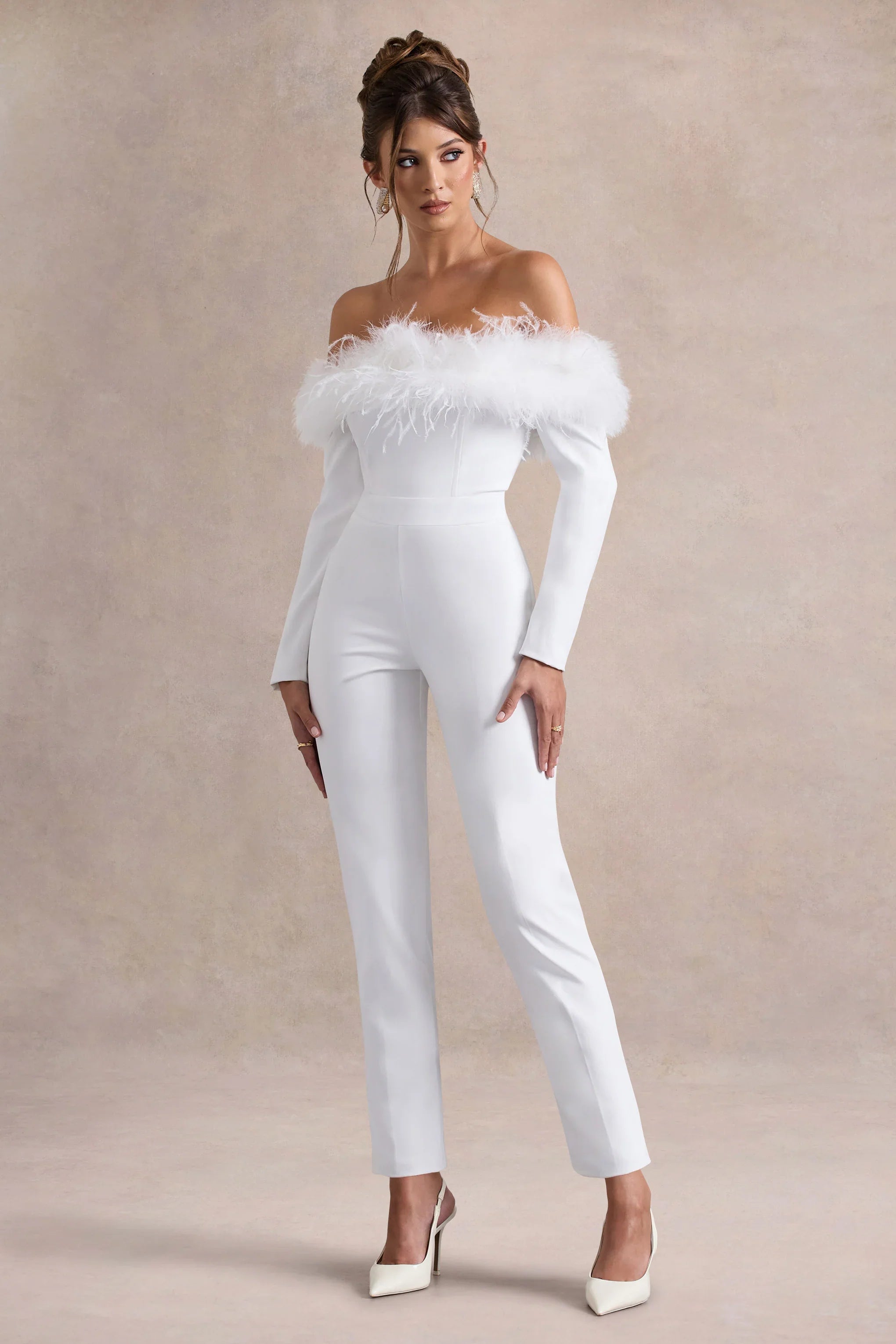 Ales White Bardot Tailored Straight Leg Jumpsuit With Feather Trim