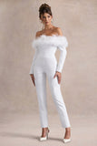 Ales White Bardot Tailored Straight Leg Jumpsuit With Feather Trim
