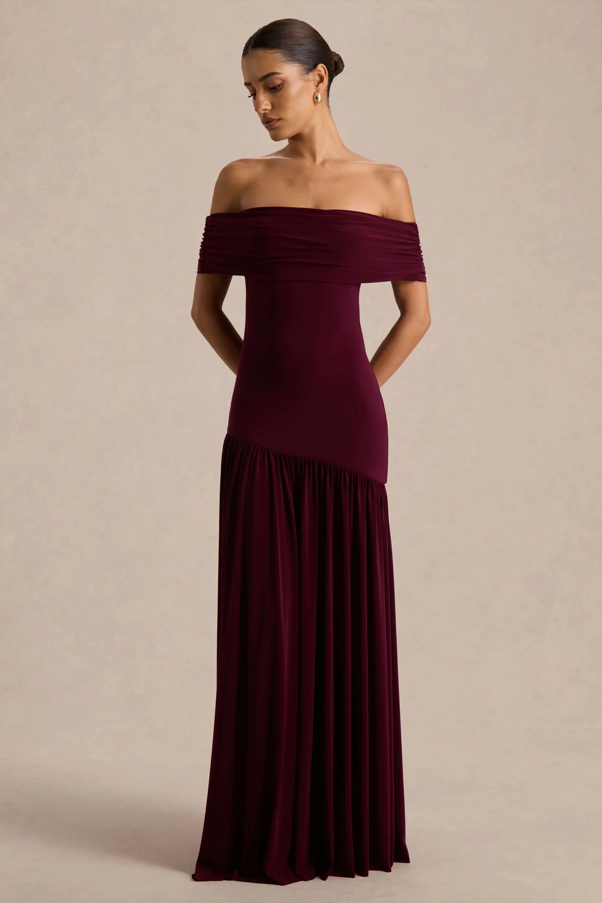 Venezia Burgundy Bardot Maxi Dress With Drop Waist