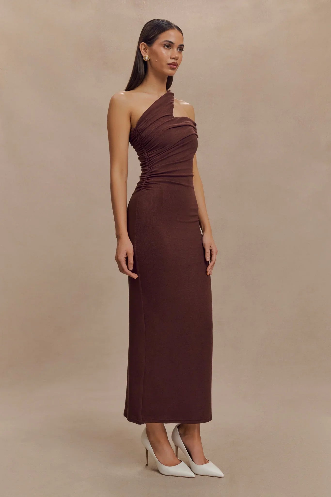 Anastasia One Shoulder Modal Midi Dress Mahogany