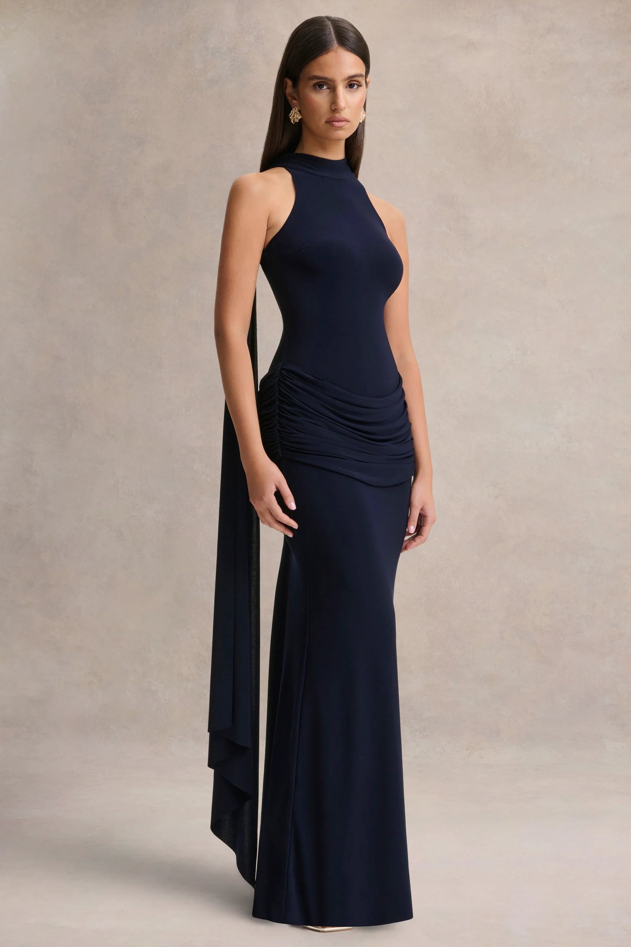 Hesperia Navy High Neck Maxi Dress With Draped Detailing And Scarf