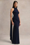 Hesperia Navy High Neck Maxi Dress With Draped Detailing And Scarf