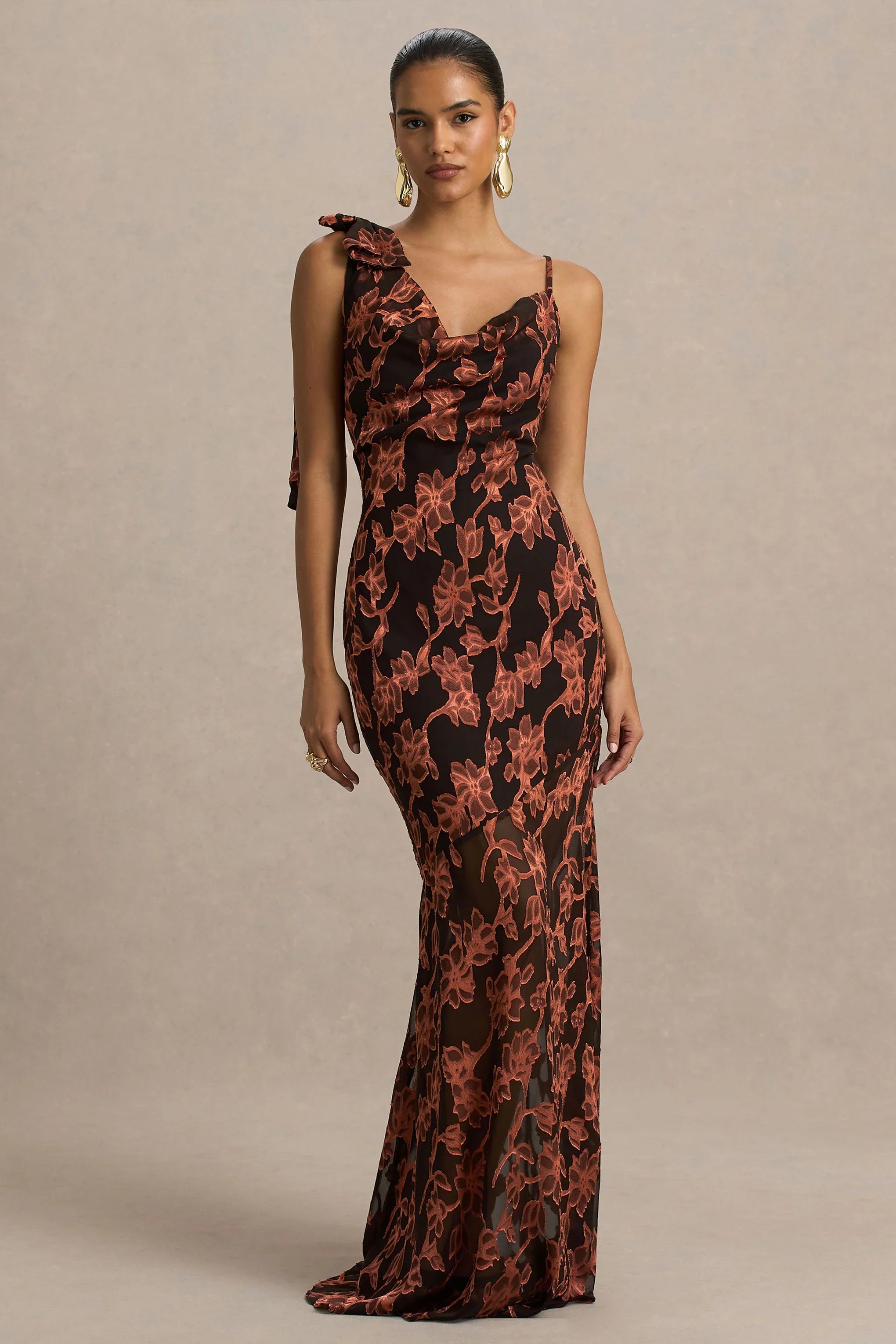 Mar Black And Rust Cowl Neck Maxi Dress With Bow Detail