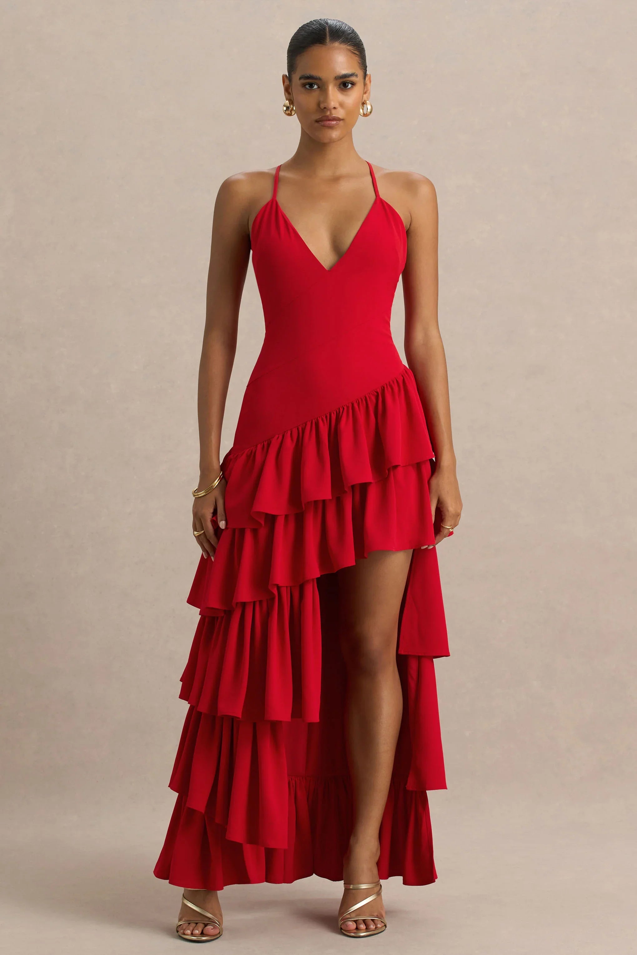Bogota Red Plunge Neck Maxi Dress With Ruffling Details And Front High Split