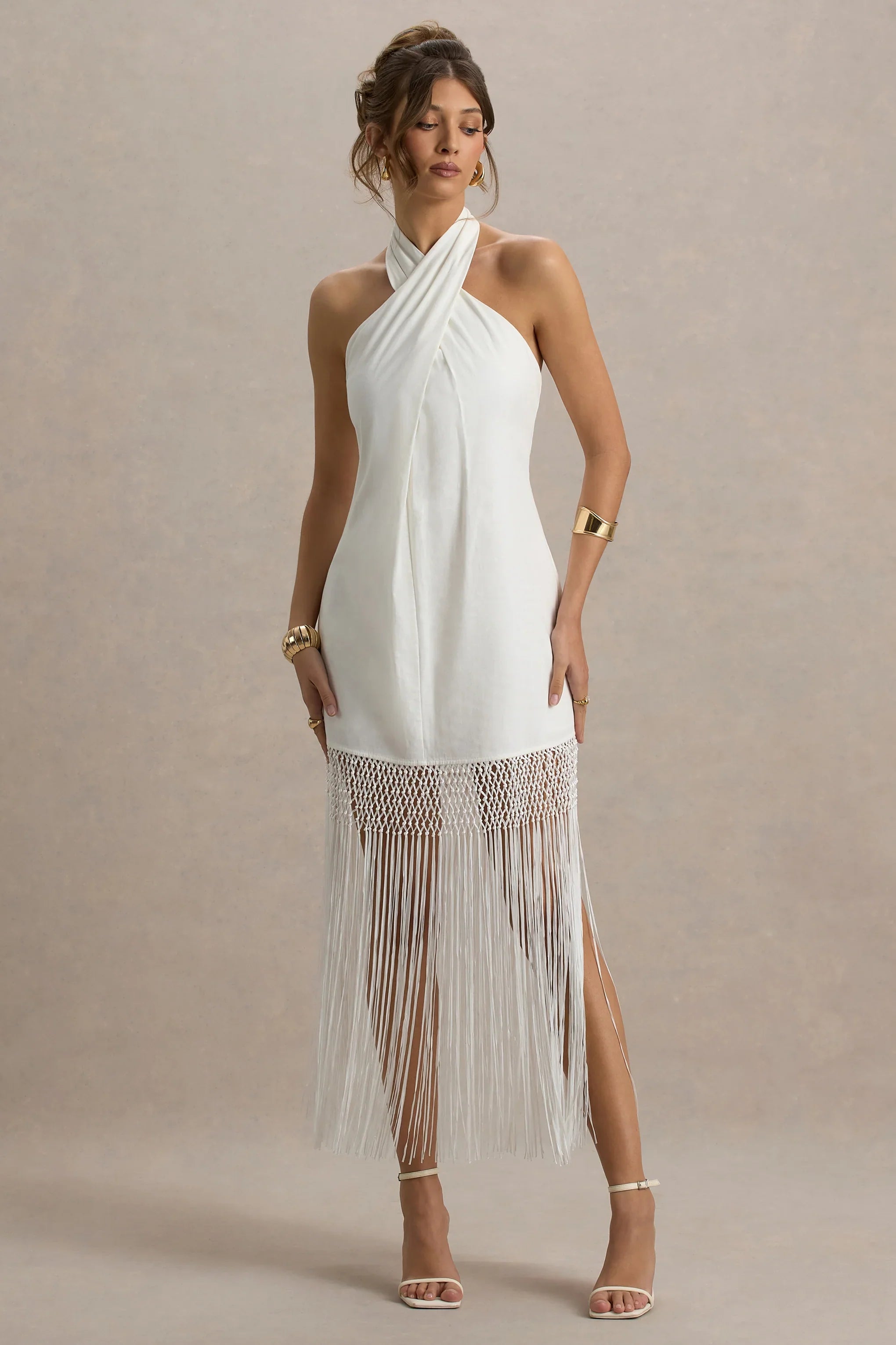 Fiametta Ecru Linen Halter Neck Fringe Maxi Dress