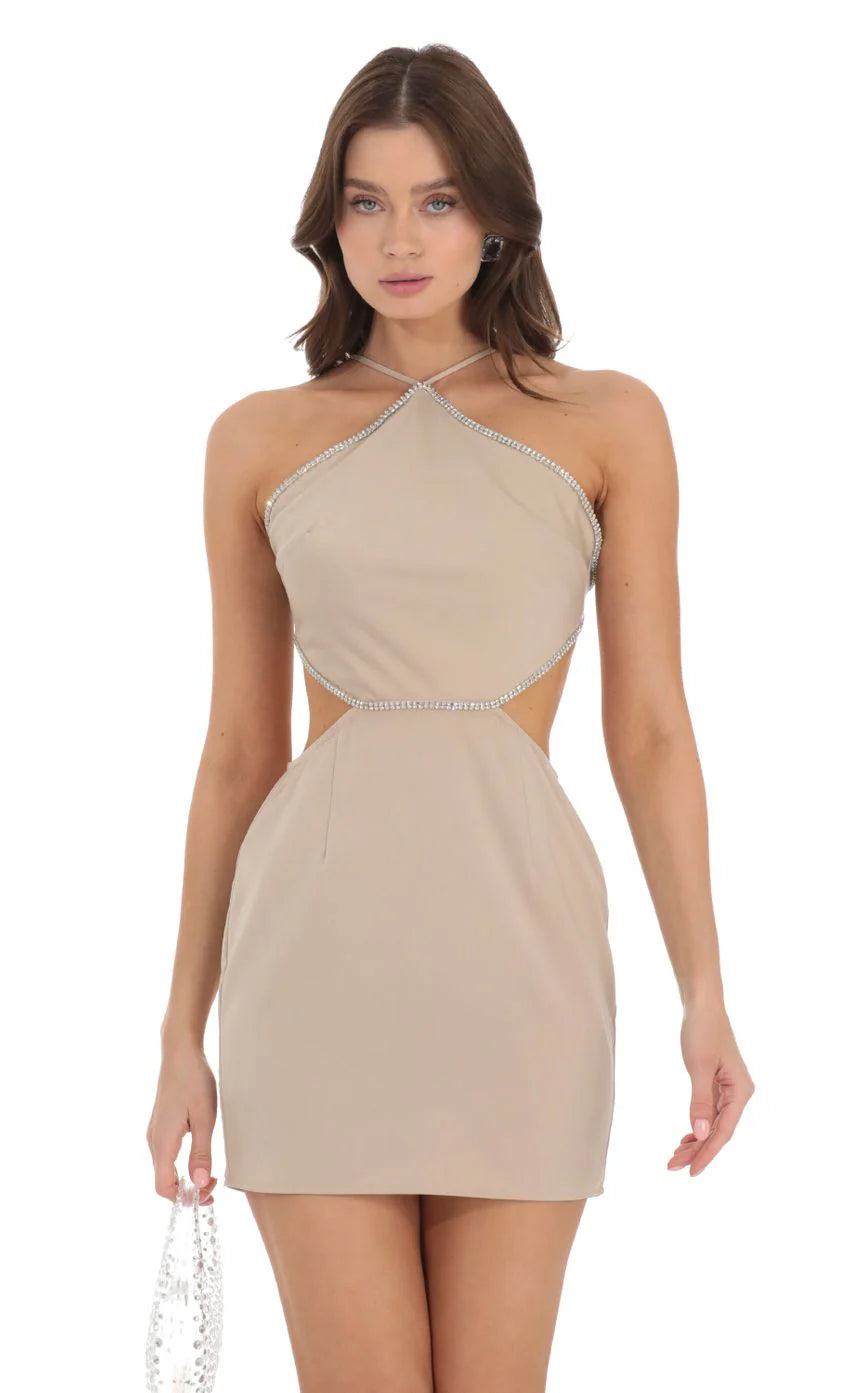 Rhinestone Halter Cutout Dress in Nude