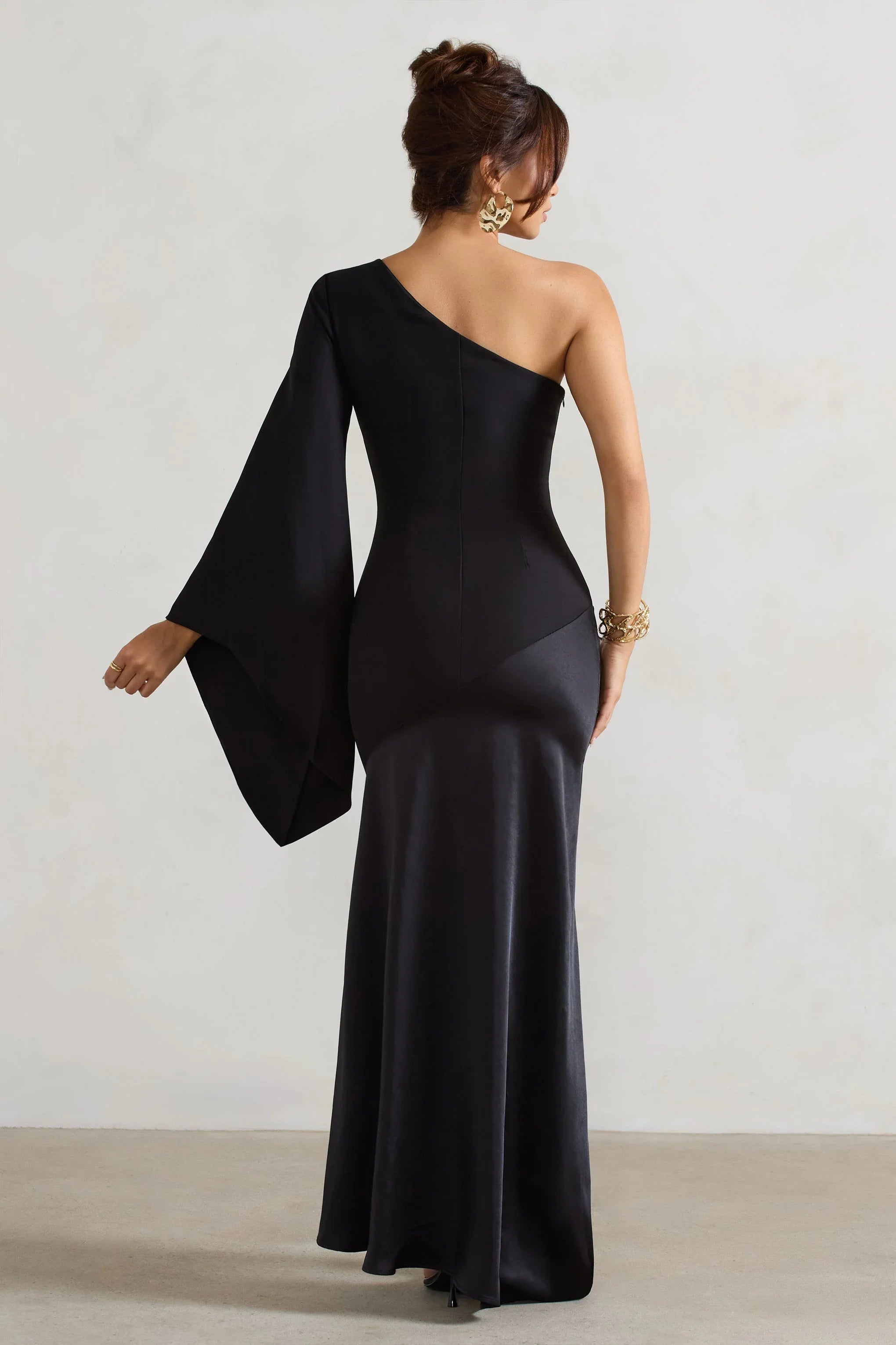 Salem Black Asymmetric Cape Sleeve Maxi Dress With Satin Skirt