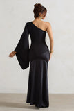 Salem Black Asymmetric Cape Sleeve Maxi Dress With Satin Skirt