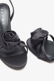 Sweet Step Black Satin Strappy Heeled Sandals With Flowers