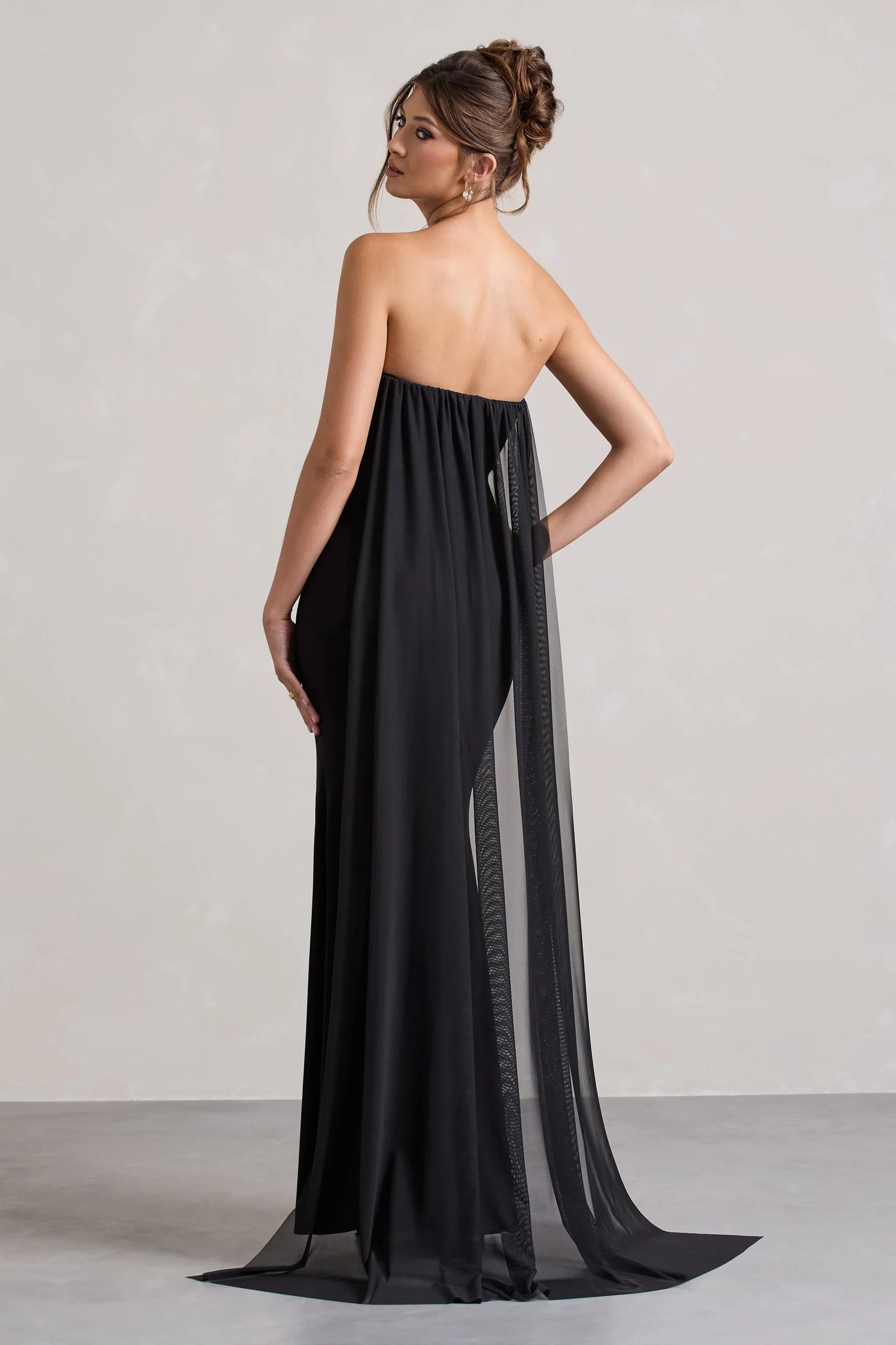 More To Come Black Strapless Wrap Cape Maxi Dress With Corsage