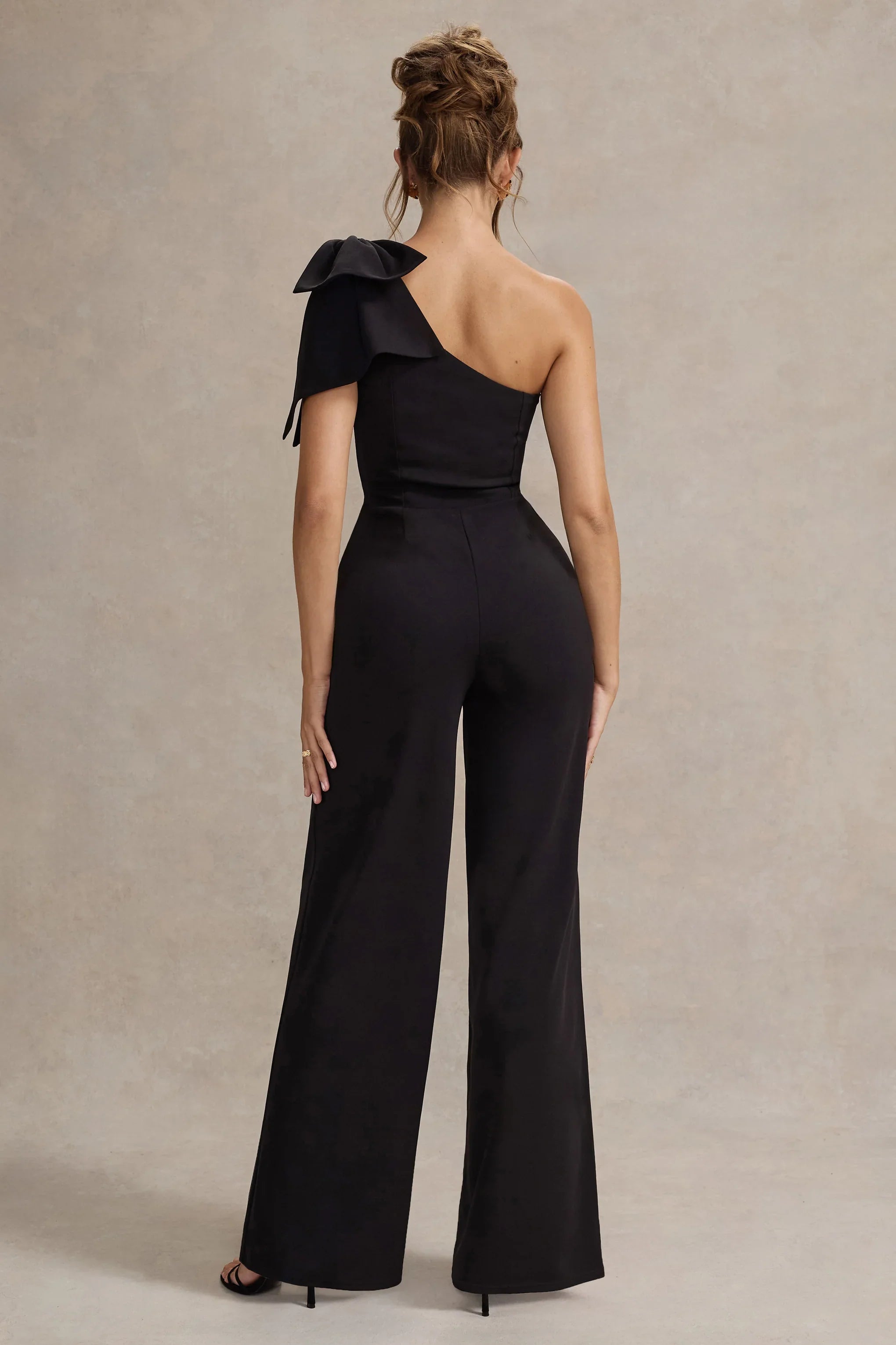 Orilla Black One Shoulder Wide Leg Jumpsuit With Bow