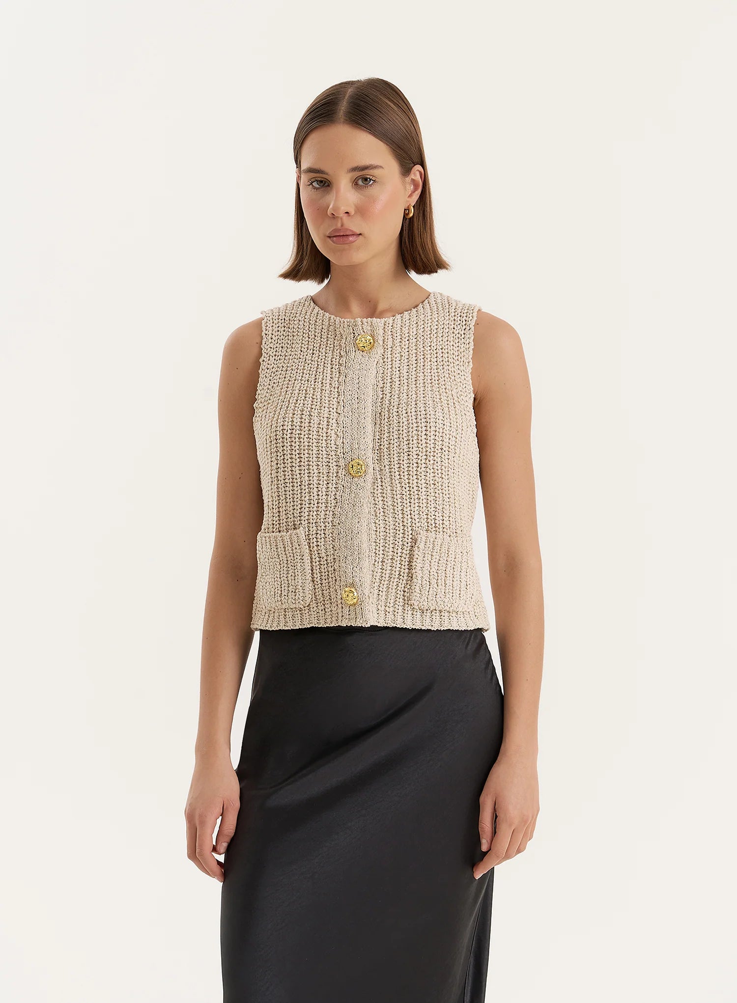 Beige Boucle Knit Sleeveless Waistcoat