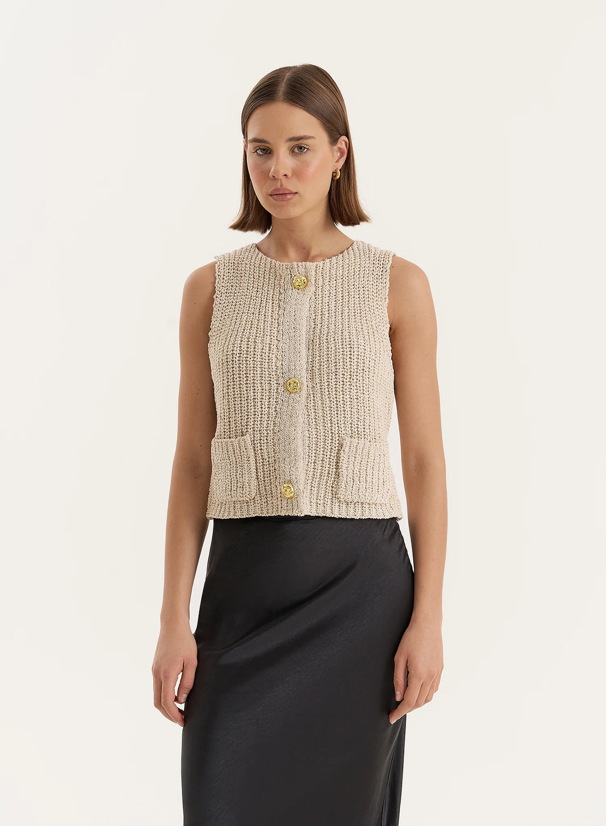 Beige Boucle Knit Sleeveless Waistcoat