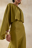 Vanthea Olive Satin Round Neck Maxi Dress With Cape Sleeves