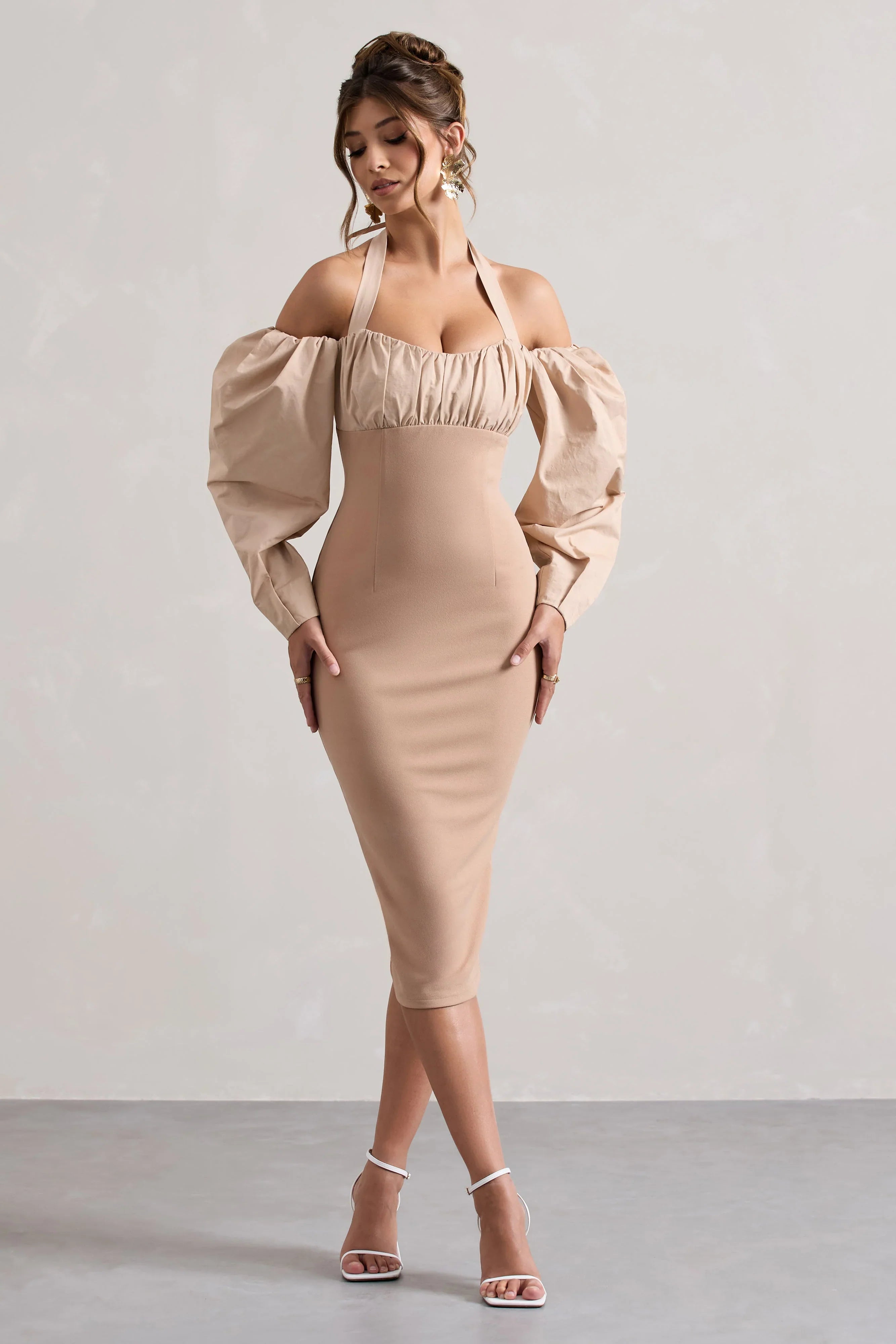 Couture Client Champagne Halter Neck Puff Sleeve Midi Dress