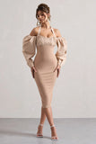 Couture Client Champagne Halter Neck Puff Sleeve Midi Dress