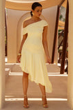 Lova Lemon Ruched Asymmetric Maxi Dress With Ruffle Hem
