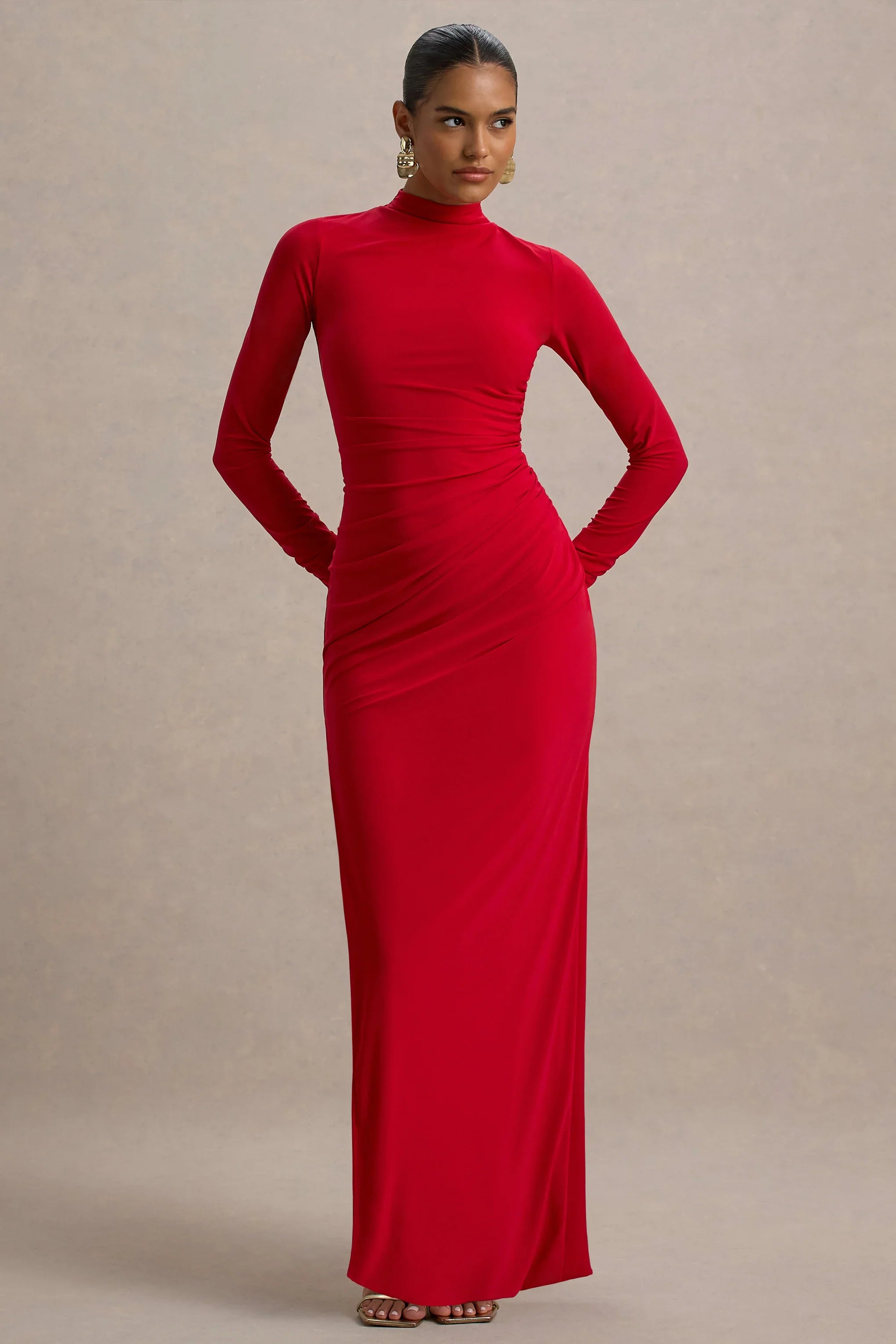 Alluring Red High Neck Maxi Dress With Ruched Detailing