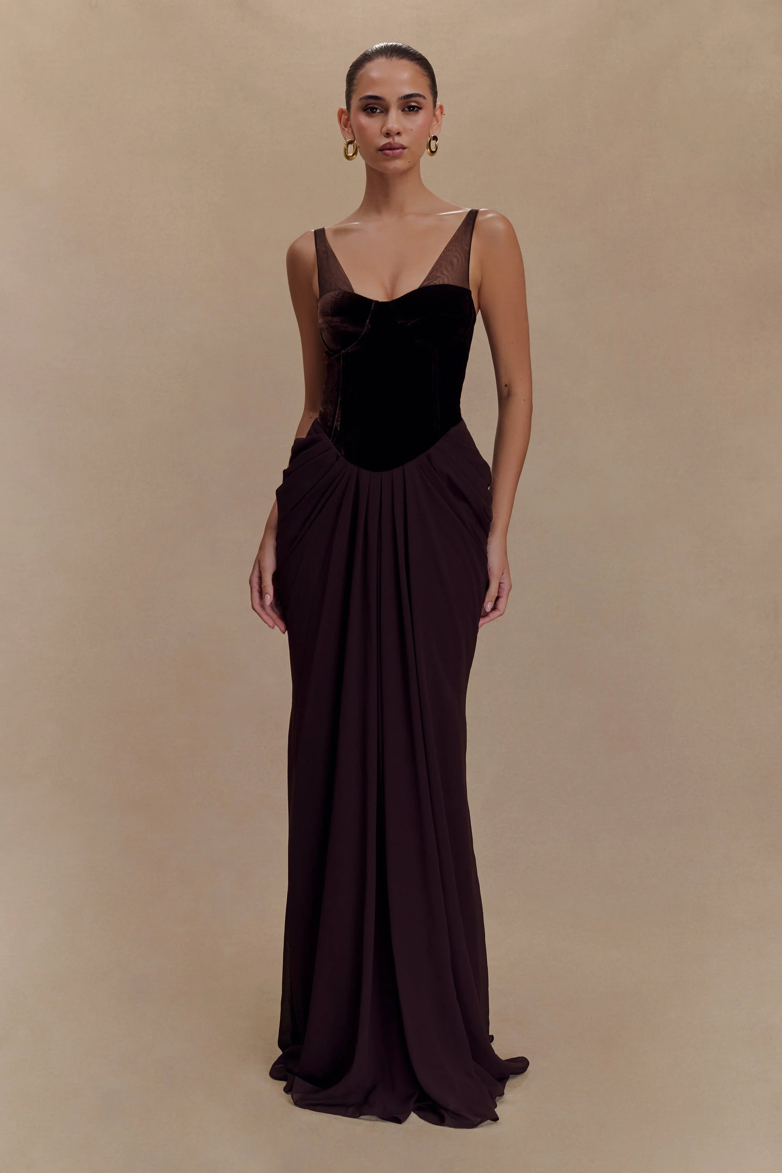Roxanne Velvet Corset Maxi Dress Cacao Brown