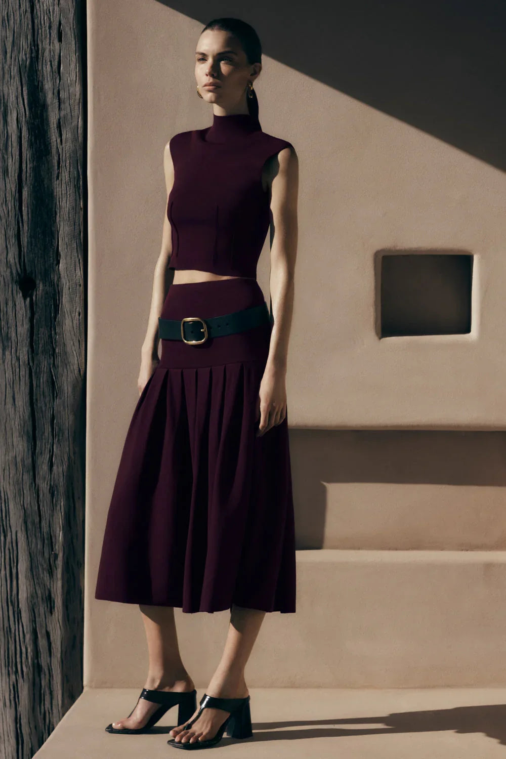 Romaine Bandage Knit Midi Skirt Wine