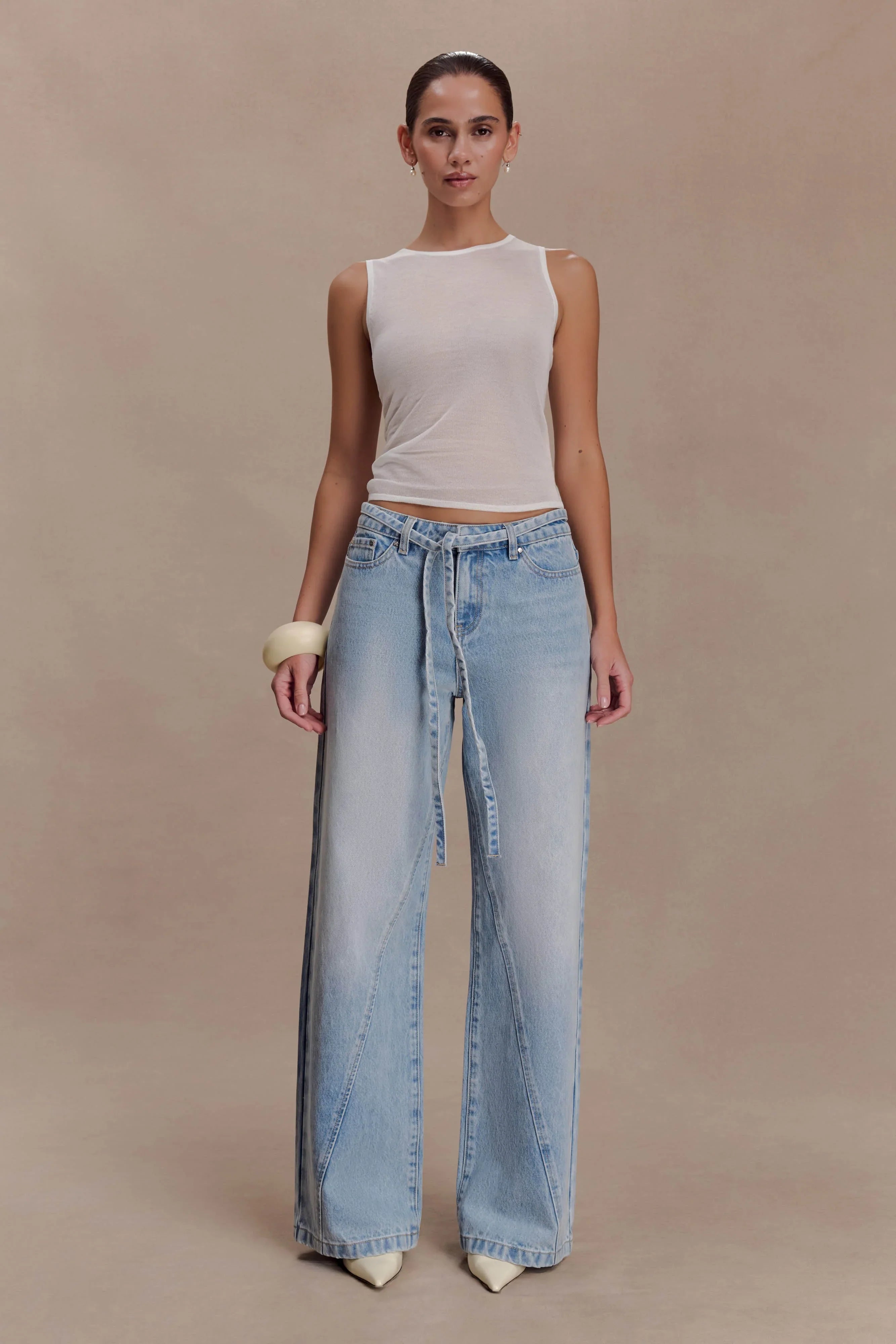 Perrie Mid Rise Straight Leg Tie Jeans Washed Light Blue