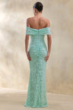 Aries Mint Lace Bardot Neck Maxi Dress With Gathered Detailing