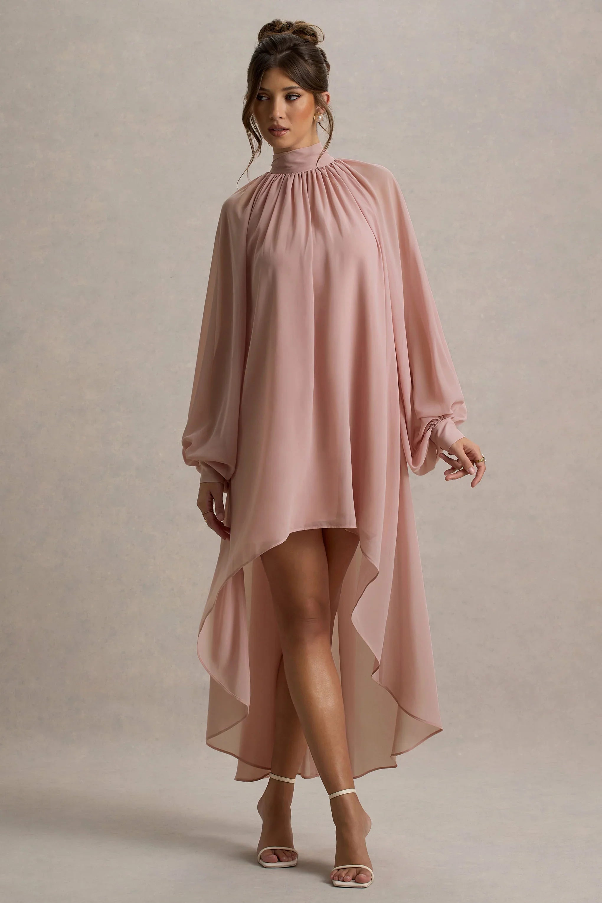 Delphia Pale Pink High Neck Maxi Dress With High Low Hem