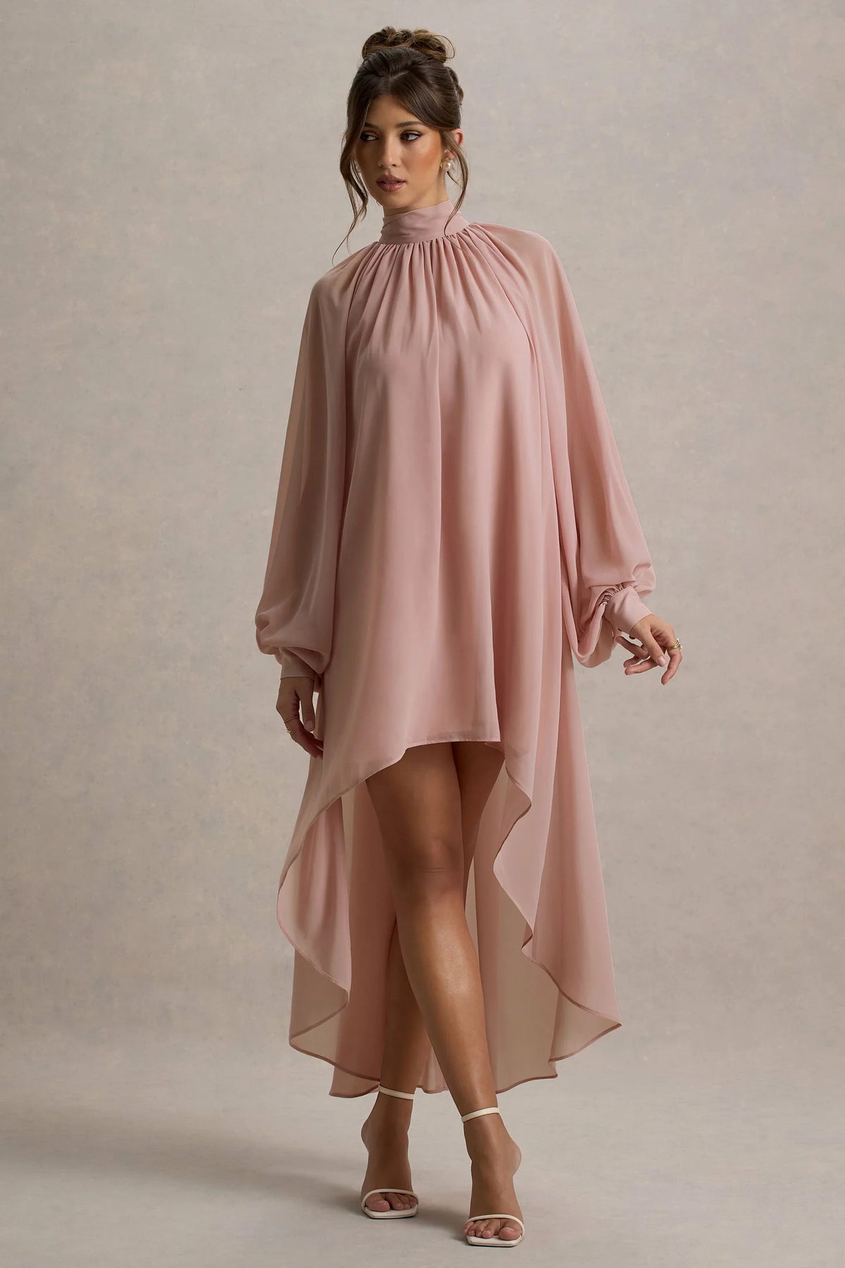 Delphia Pale Pink High Neck Maxi Dress With High Low Hem