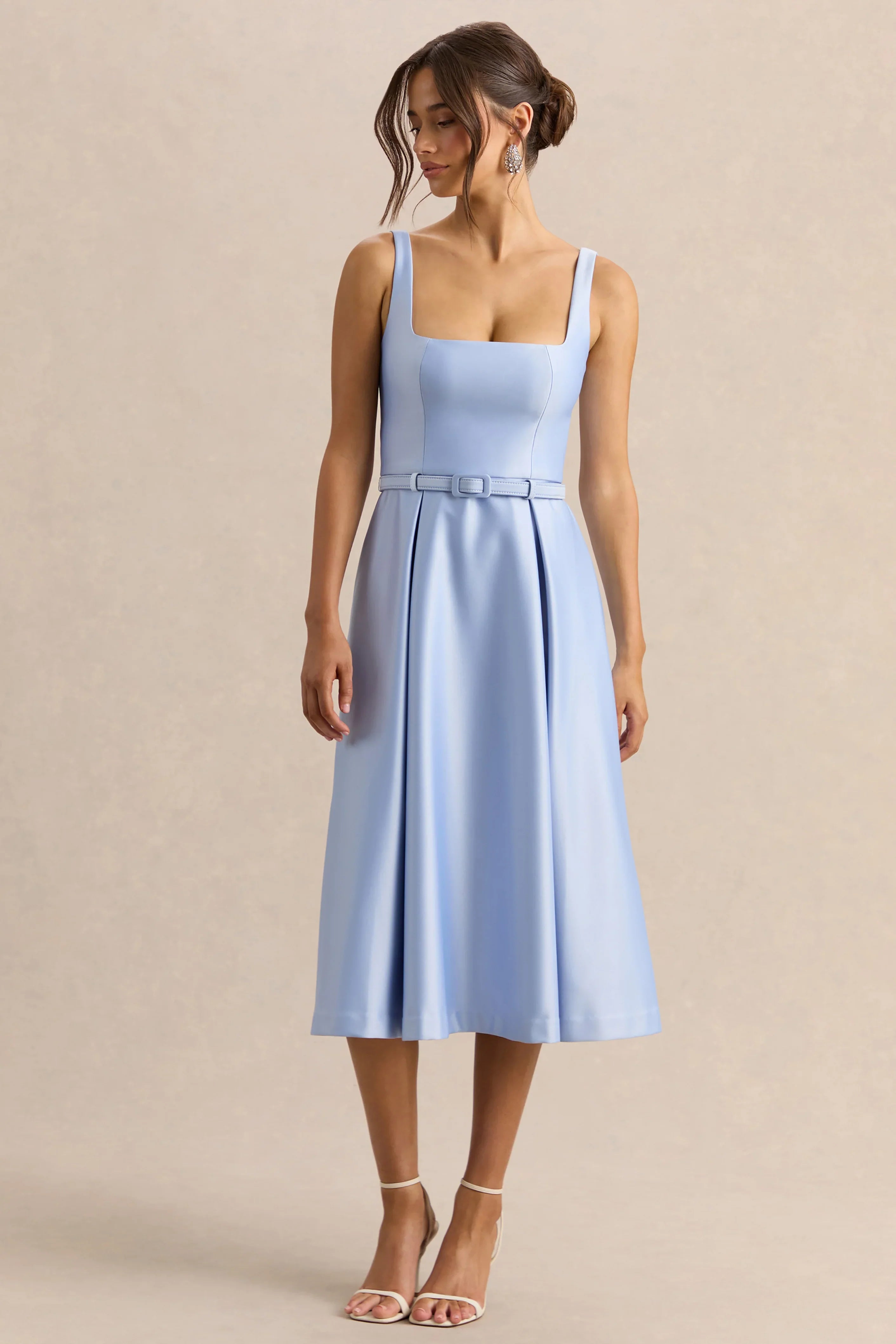 Crystaline Powder Blue Satin Square Neck Midi Dress