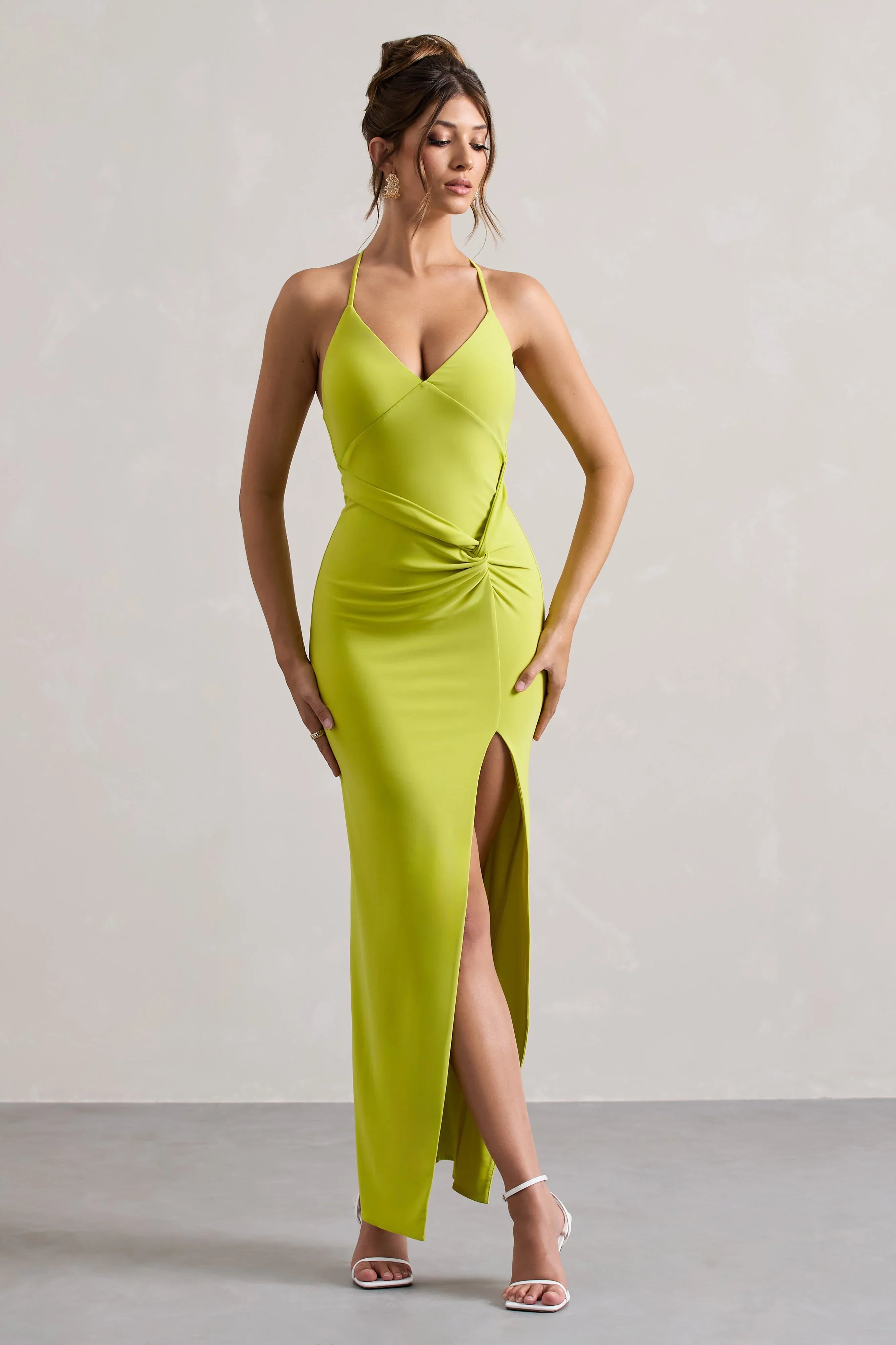 Domenica Lime Green Halter Neck Wrap Maxi Dress