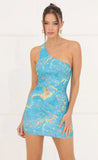 Galaxy Foil Print Bodycon Dress in Blue