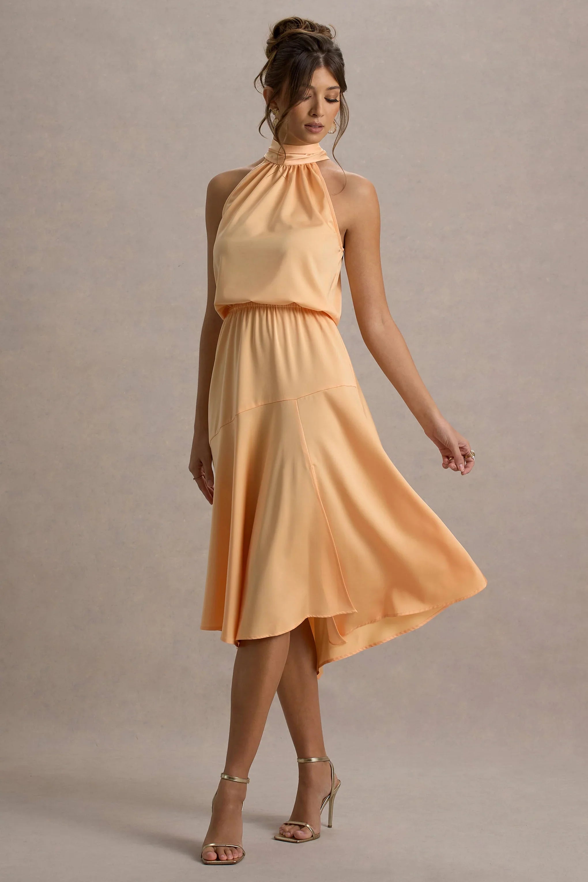 Palonia Peach Satin High Neck Split Midi Dress