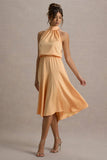 Palonia Peach Satin High Neck Split Midi Dress