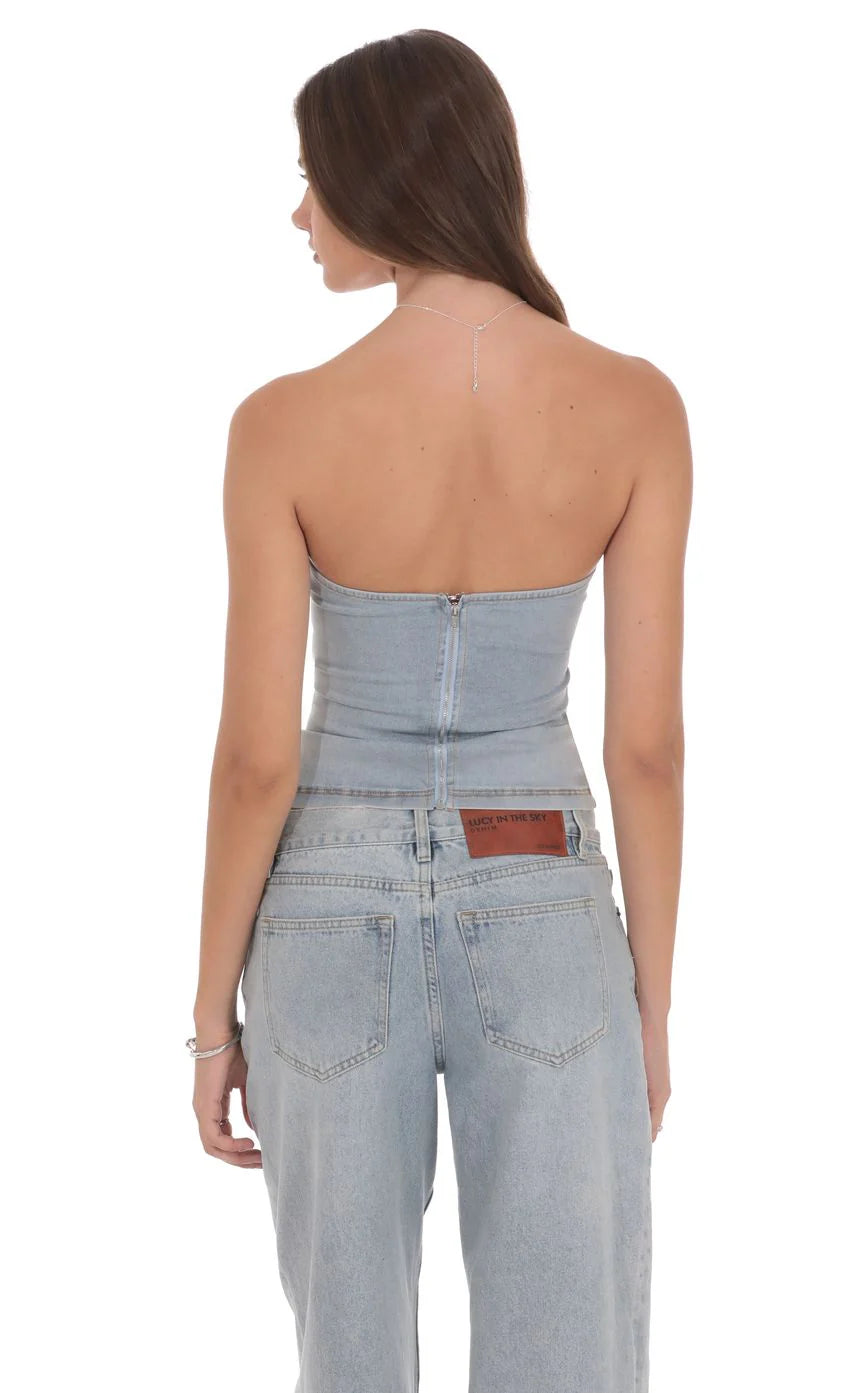 Belted Denim Top in Washed Blue